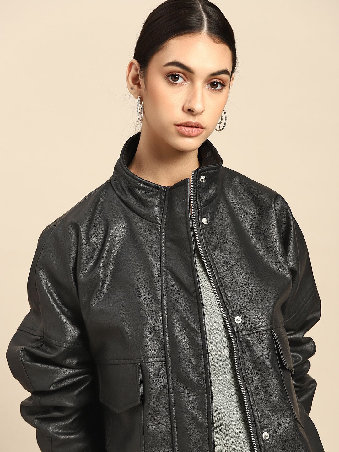 all about you Women Black Solid Leather Jacket Price in India
