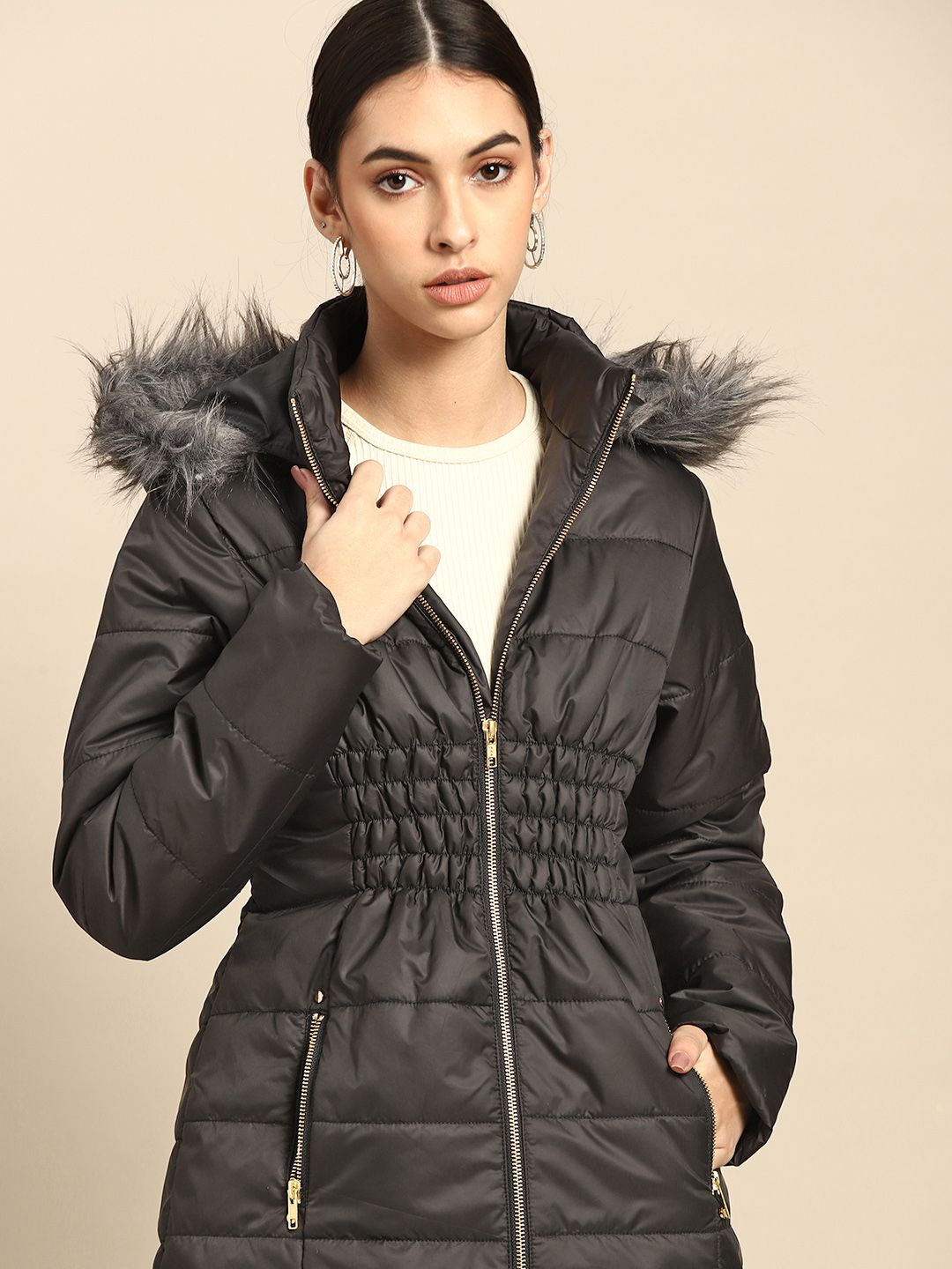 all about you Women Black Longline Parka Jacket Price in India