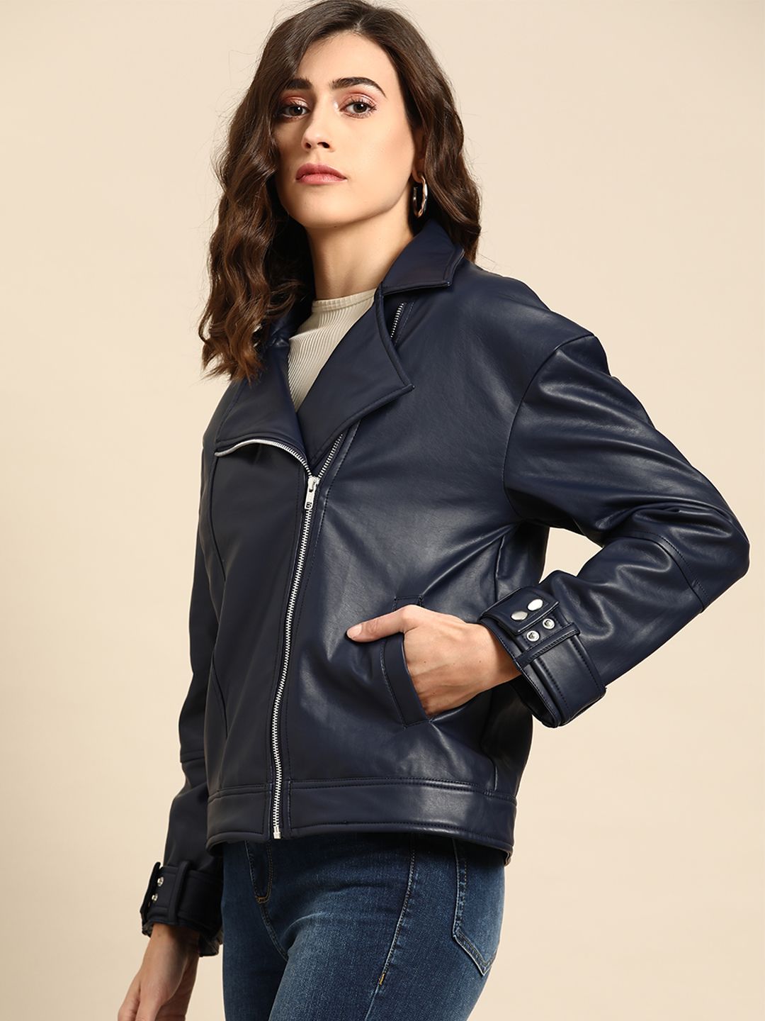 all about you Women Navy Blue Solid Biker Jacket Price in India