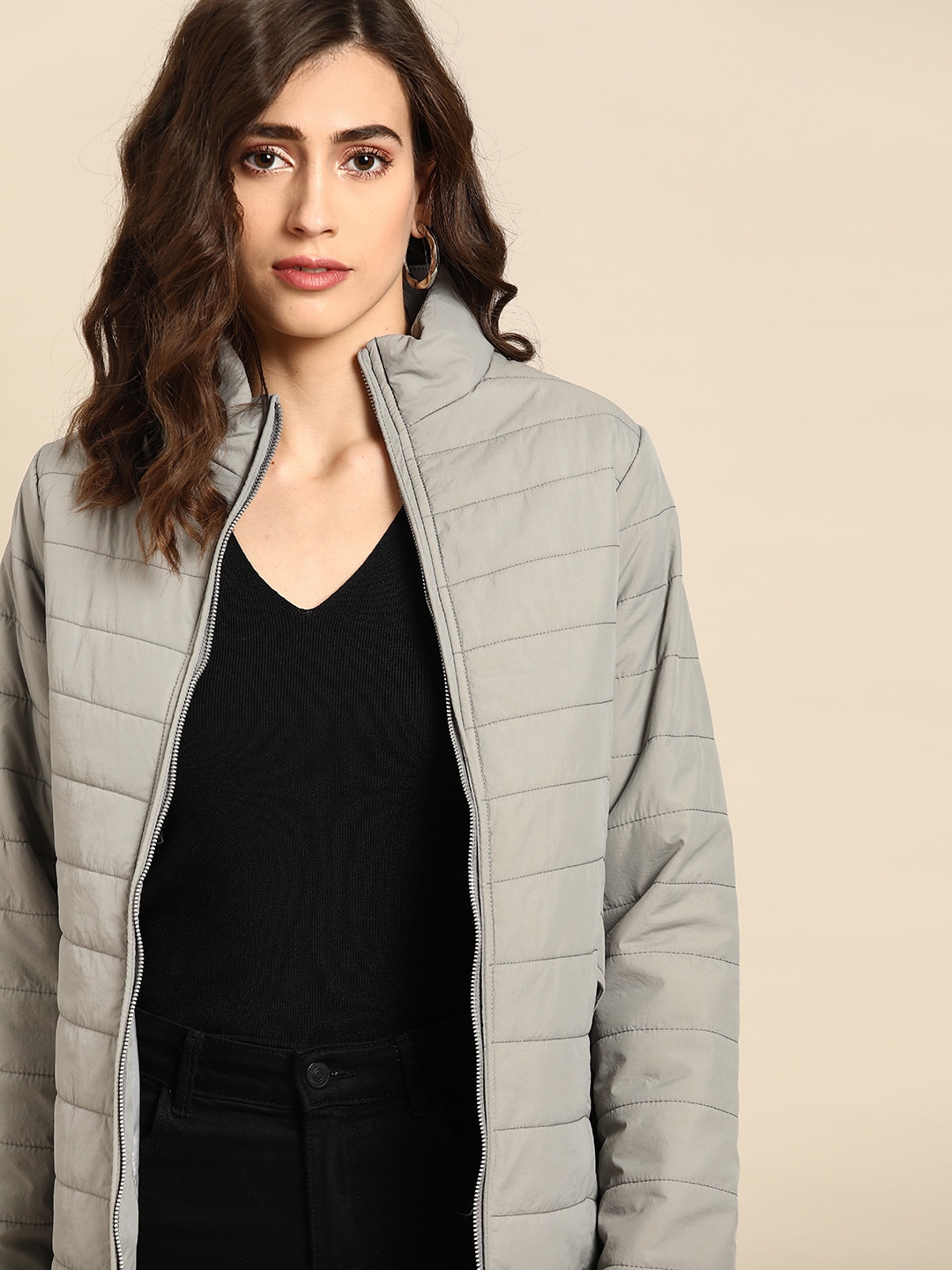 all about you Women Grey Solid Padded Jacket Price in India