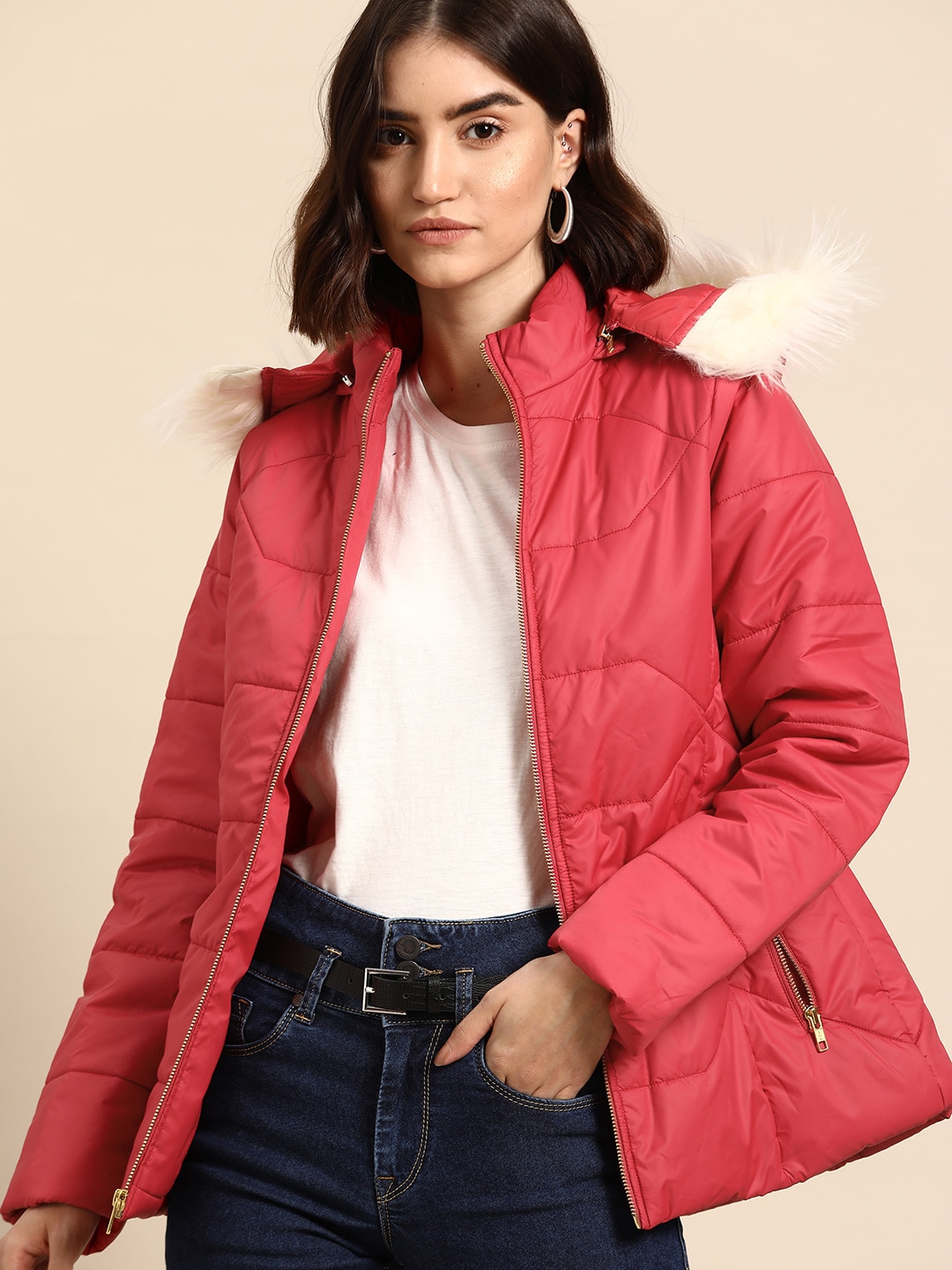 all about you Women Pink Solid Detachable Hood Parka Jacket Price in India