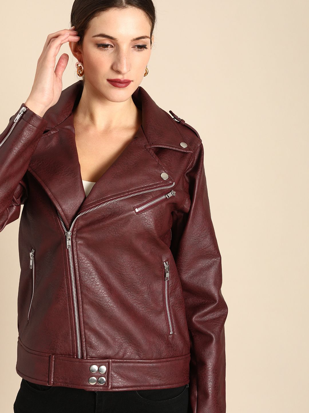 all about you Women Maroon Textured Biker Jacket Price in India