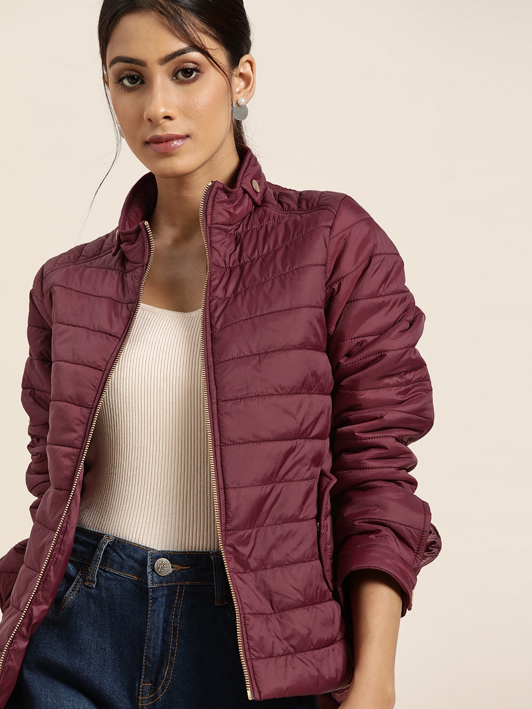 all about you Women Burgundy Solid Padded Jacket Price in India