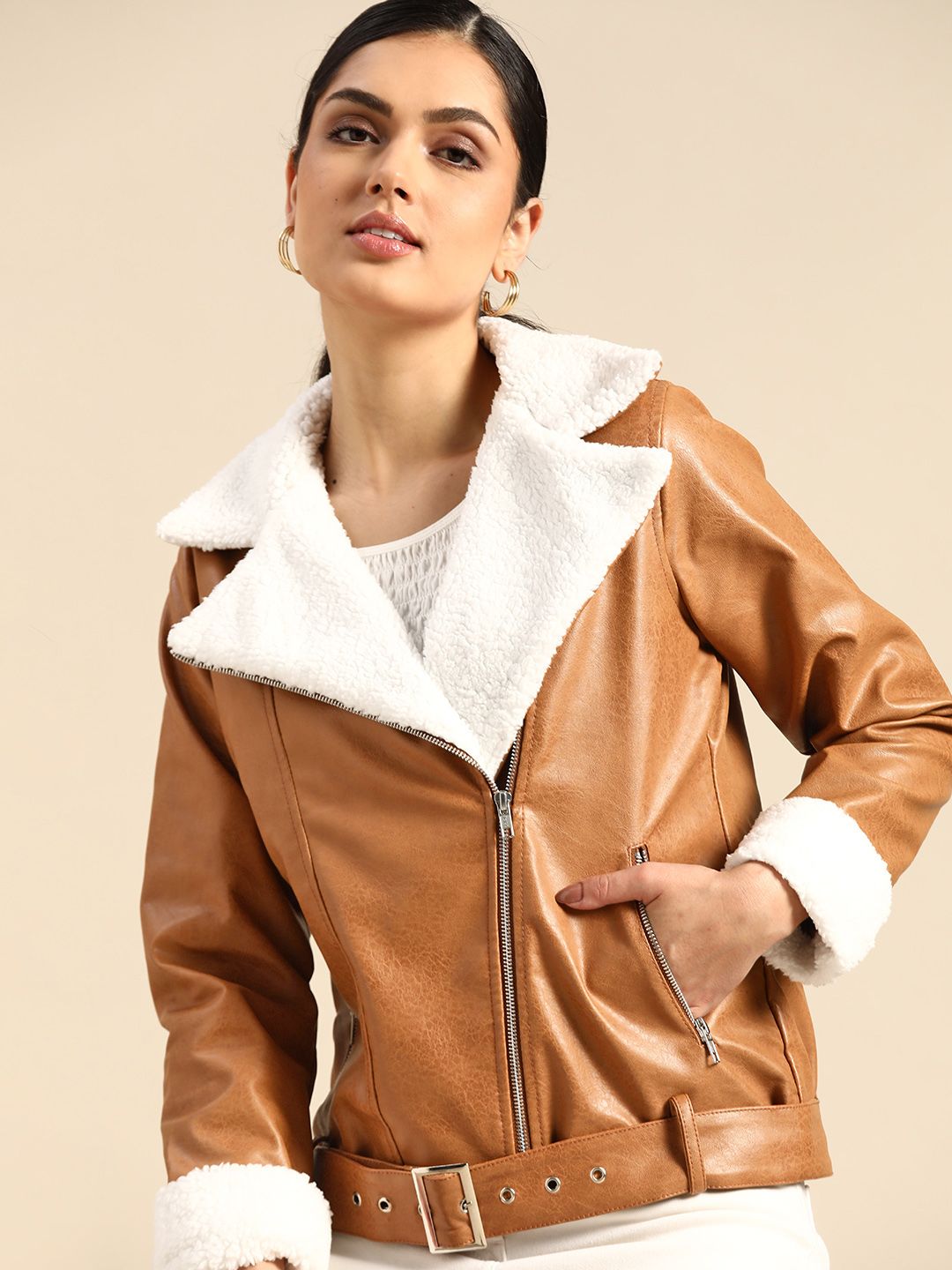 all about you Women Brown Solid Biker Jacket with Belt Price in India