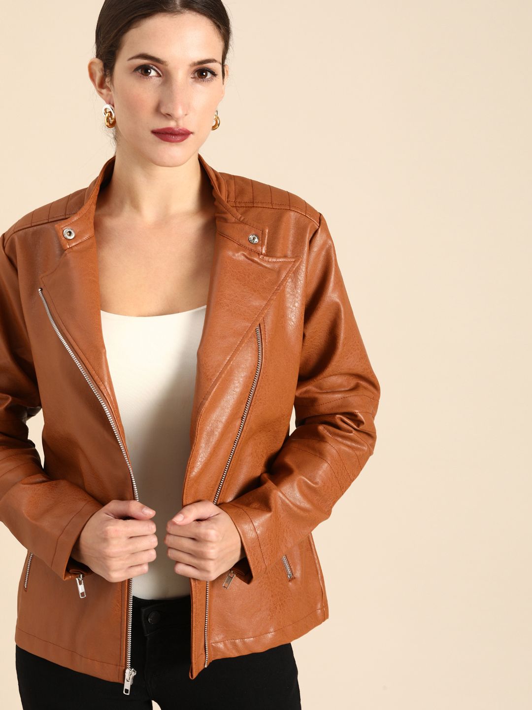 all about you Women Rust Brown Textured Biker Jacket Price in India