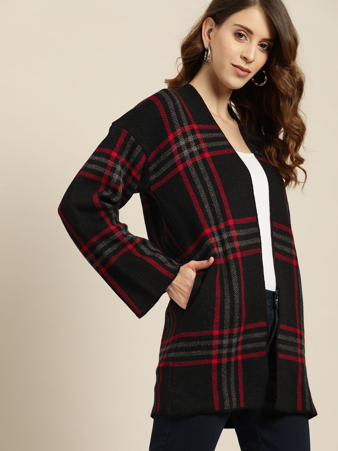 all about you Women Black & Red Acrylic Longline Checked Shrug Price in India