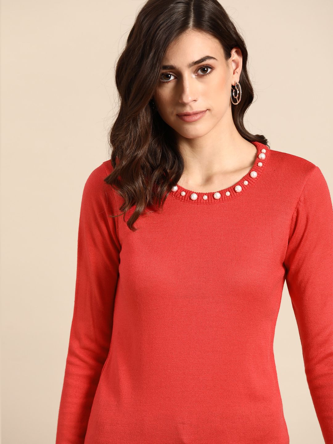 all about you Women Coral Solid Pullover with Embellished Detail Price in India