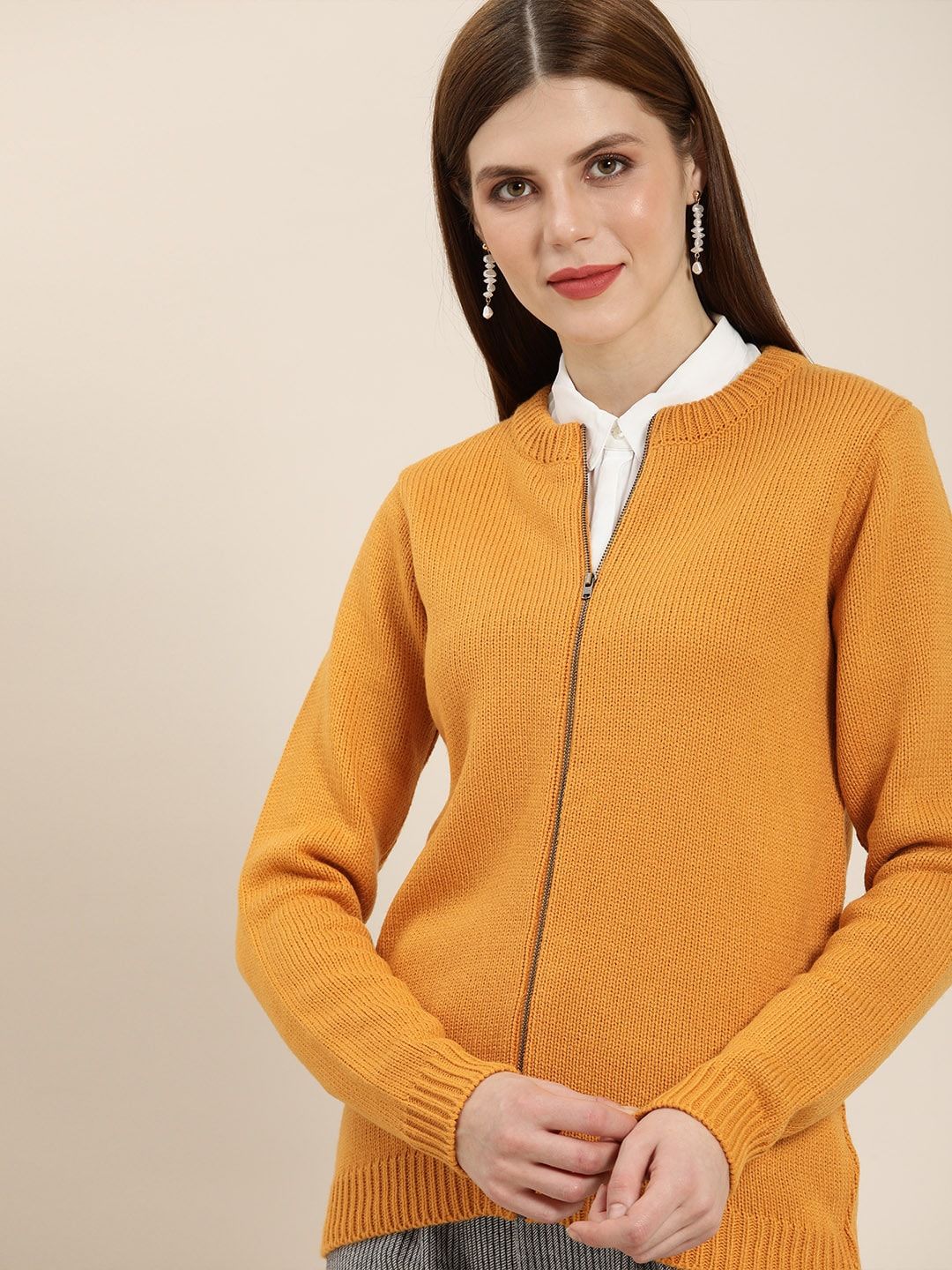 all about you Women Mustard Yellow Solid Cardigan Price in India