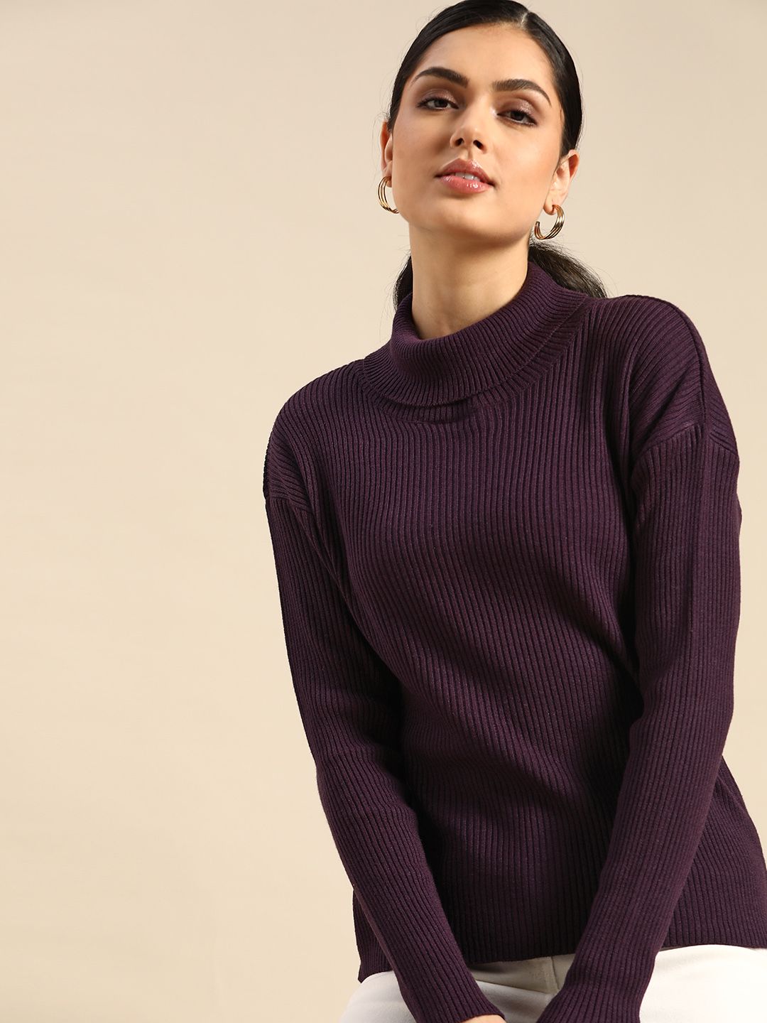 all about you Women Purple Ribbed Turtle Neck Pullover Price in India