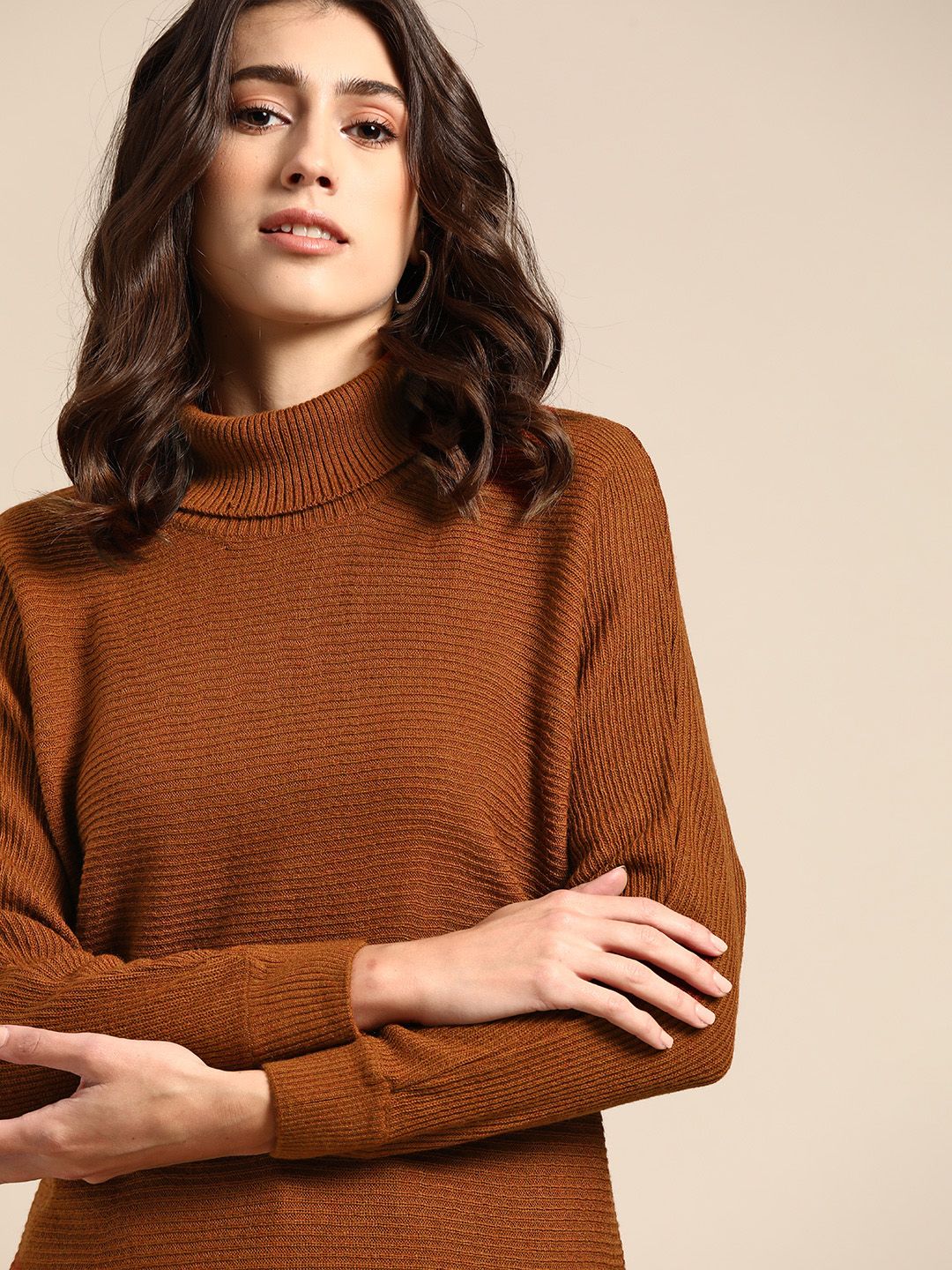 all about you Women Brown Self Striped Turtle Neck Pullover Price in India