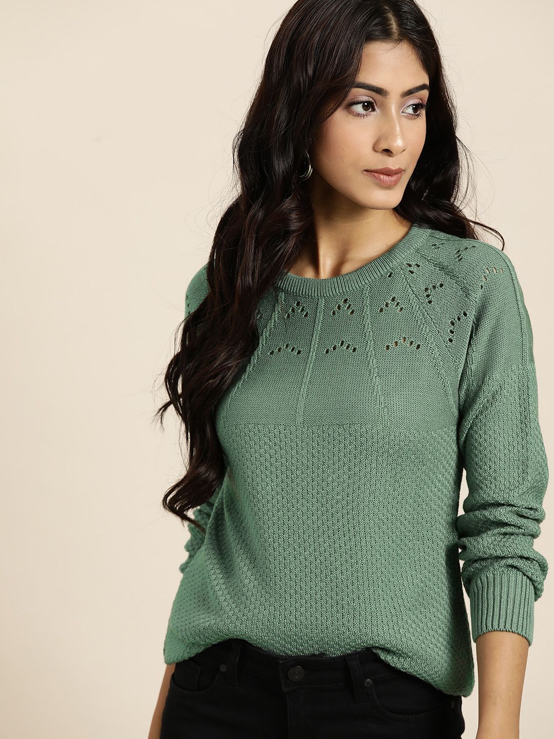all about you Women Green Open Knit Pullover Price in India