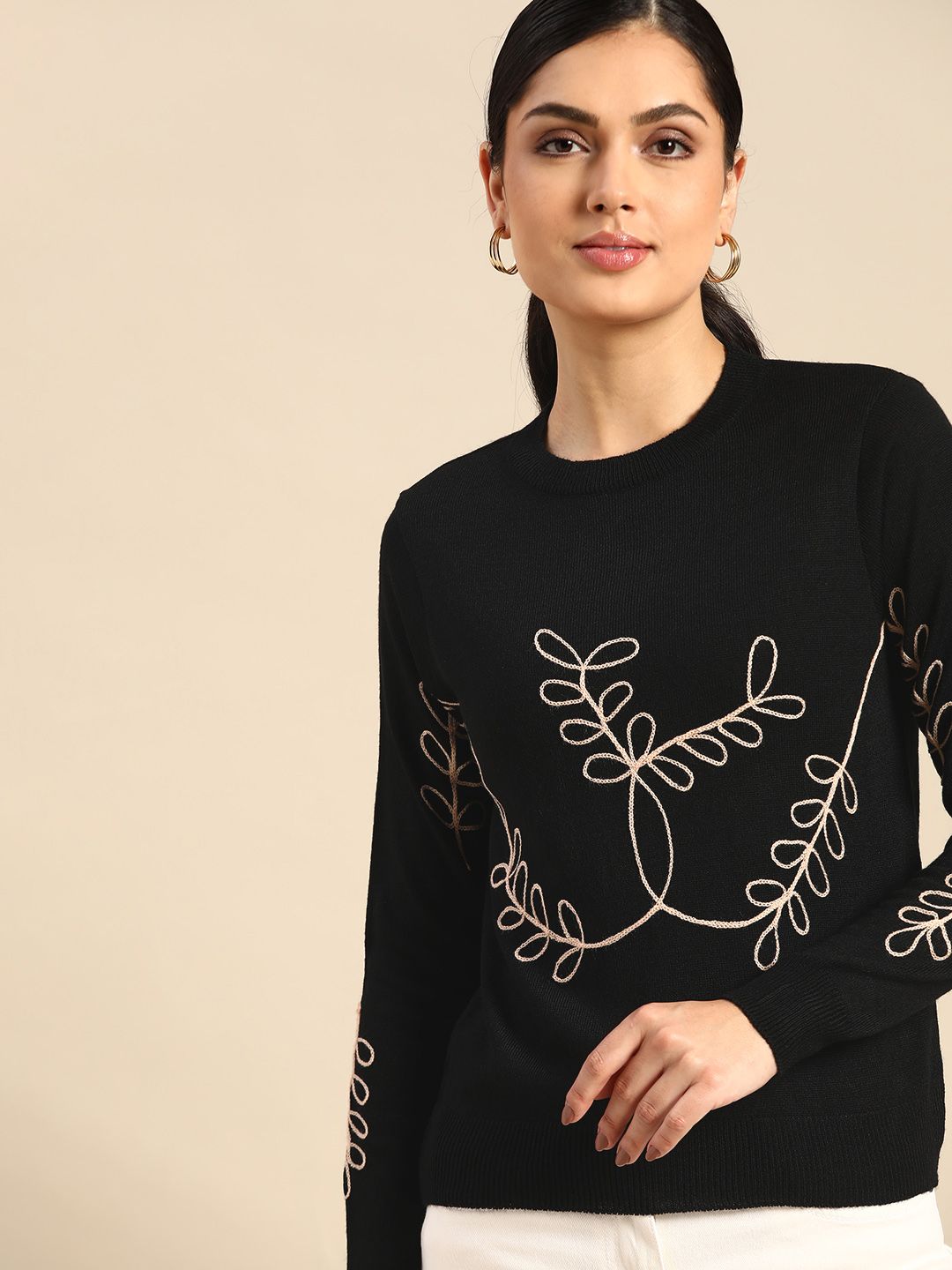 all about you Women Black & Beige Embroidered Pullover Price in India