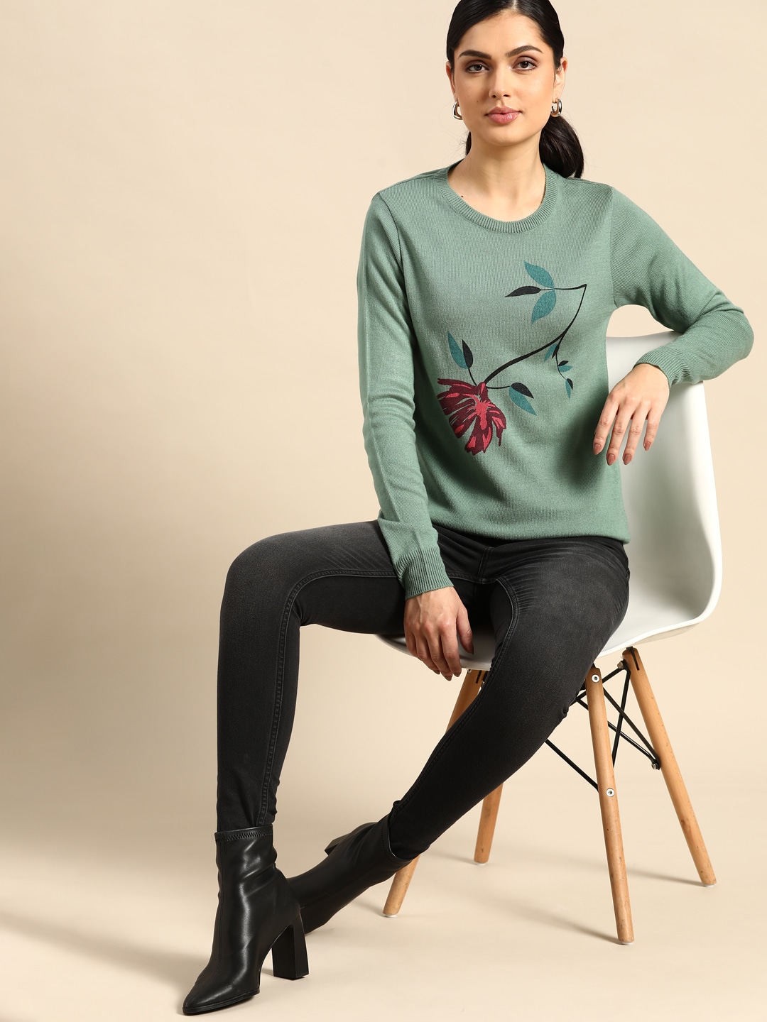 all about you Women Green & Maroon Floral Printed Pullover Price in India