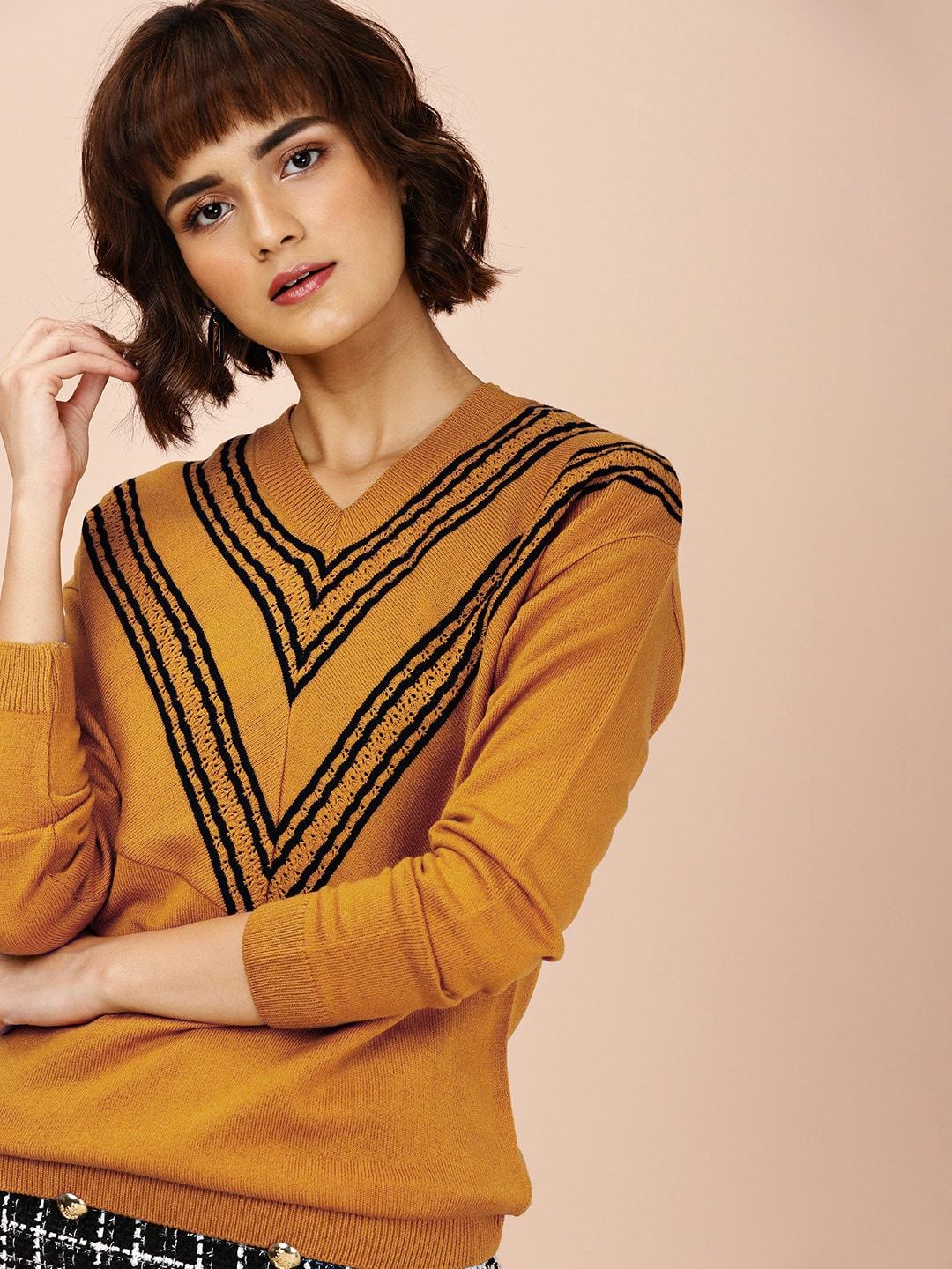 all about you Women Mustard Yellow & Black Acrylic Chevron Printed Pullover Price in India