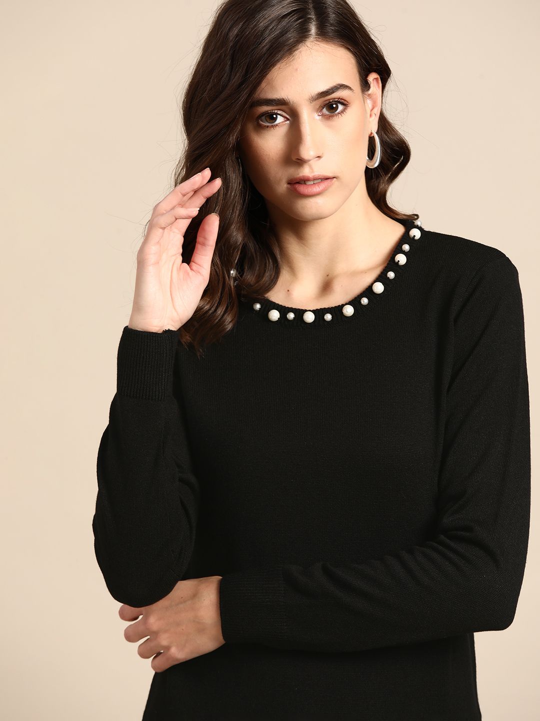 all about you Women Black Solid Pullover with Embellished Detail Price in India