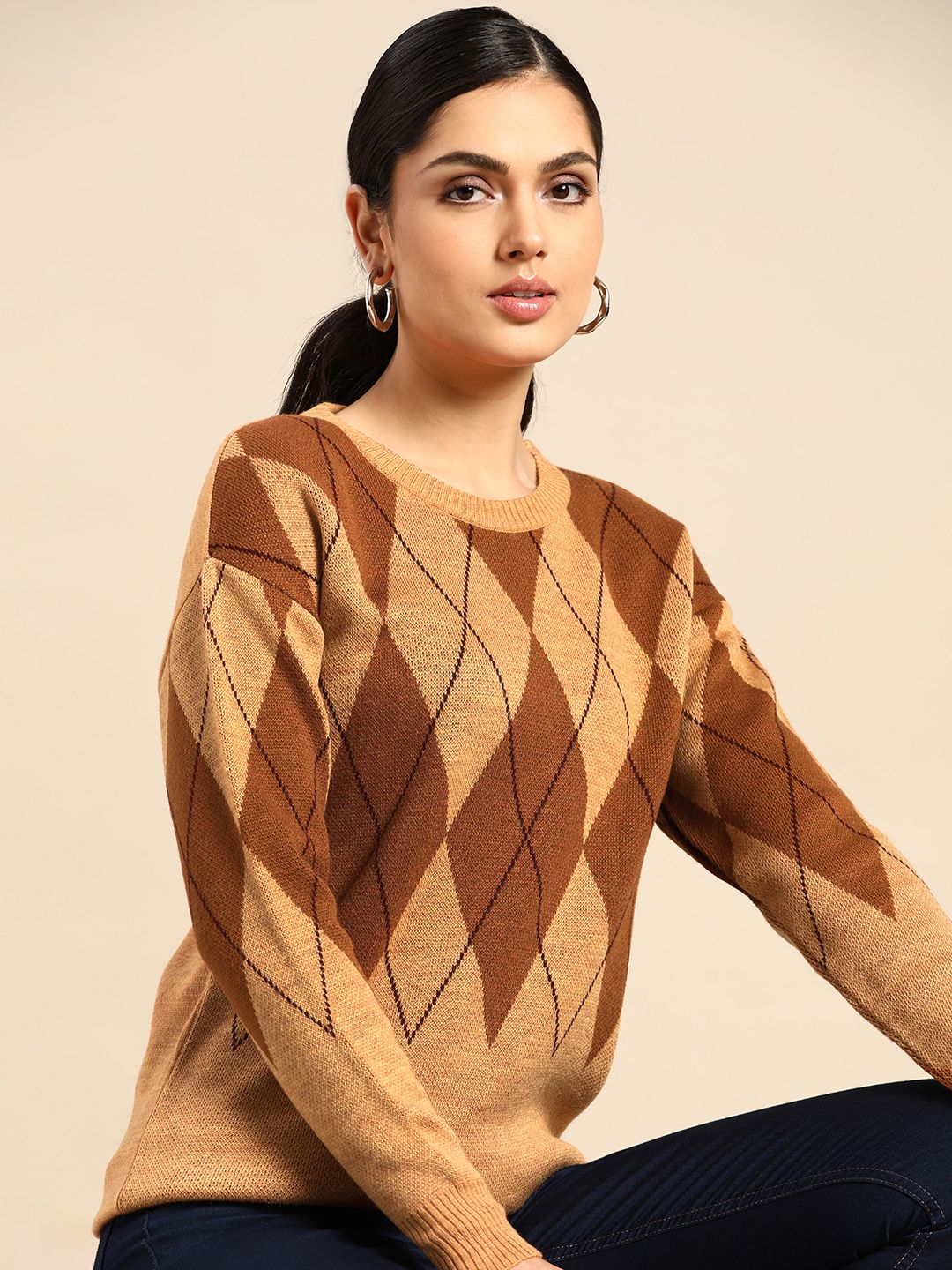 all about you Women Brown Argyle Pattern Pullover Price in India