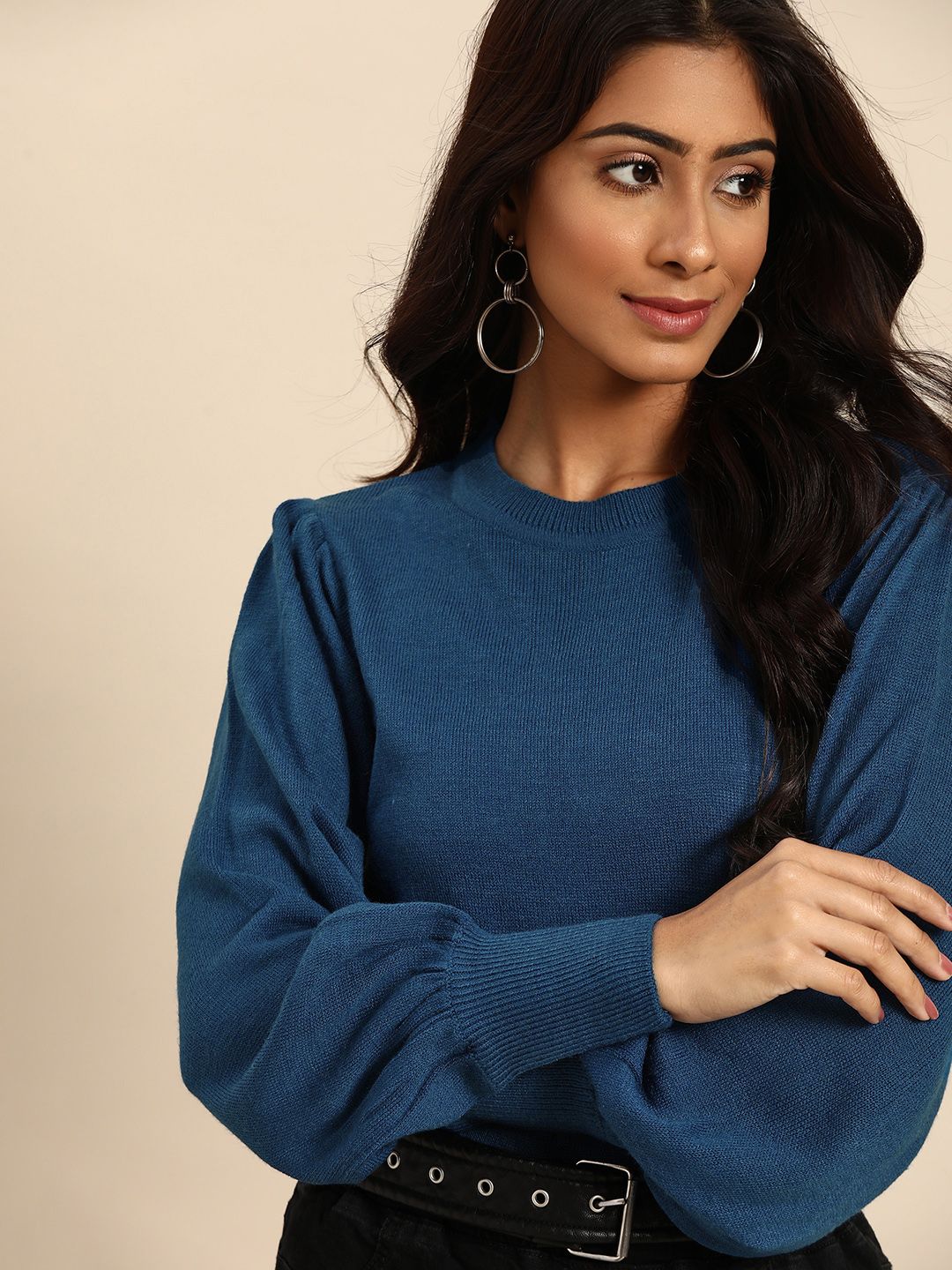 all about you Women Teal Blue Solid Pullover Sweater Price in India