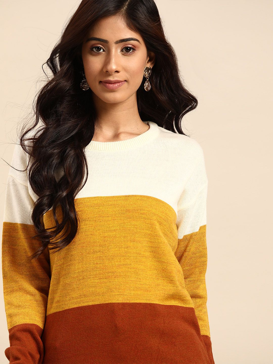 all about you Women Off White & Yellow Colourblocked Pullover Price in India
