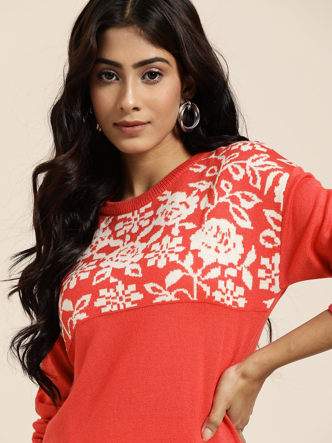 all about you Women Coral Orange & Off White Ethnic Motifs Woven Design Pullover Price in India