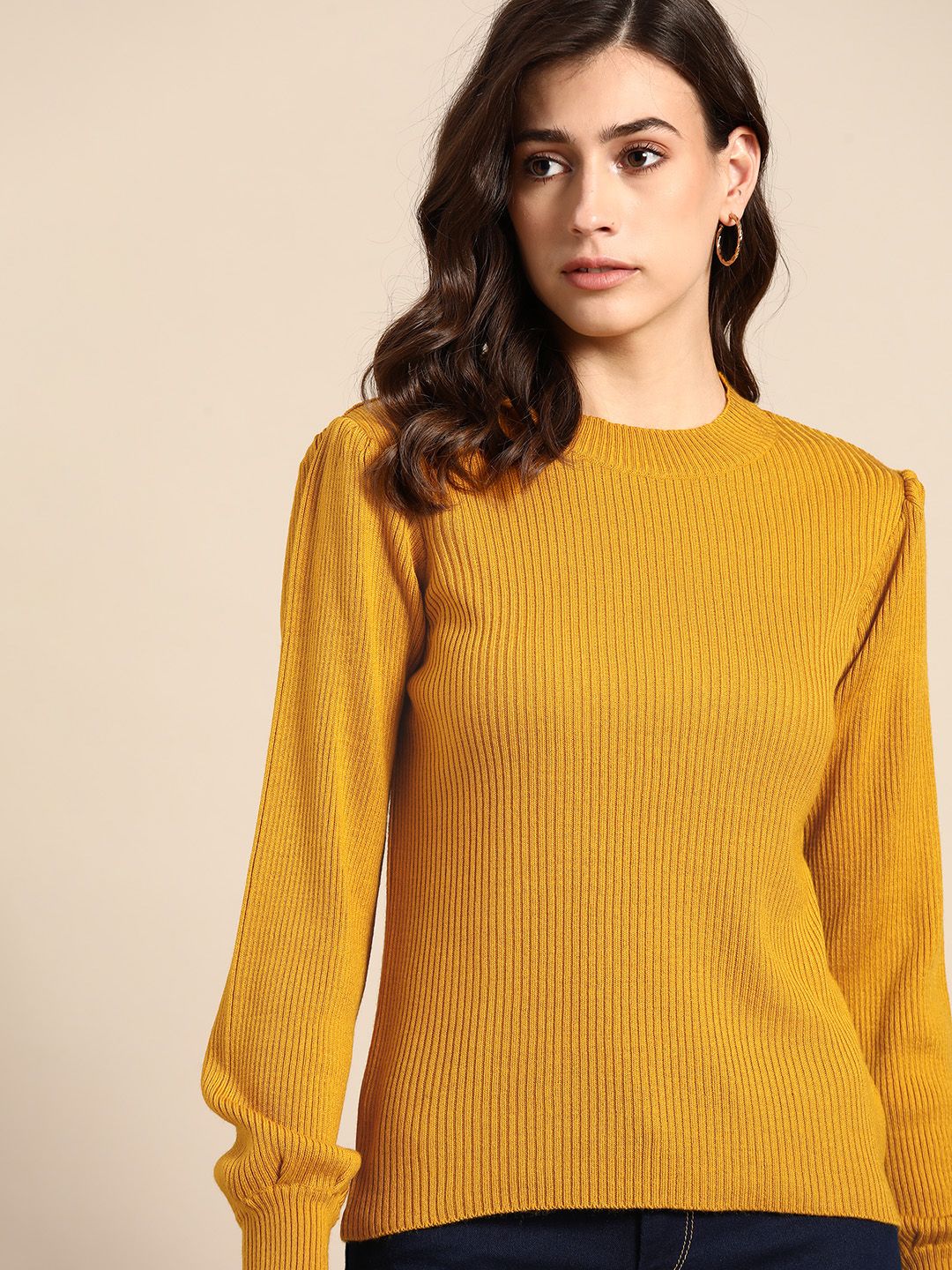 all about you Women Mustard Ribbed Puff Sleeves Pullover Price in India