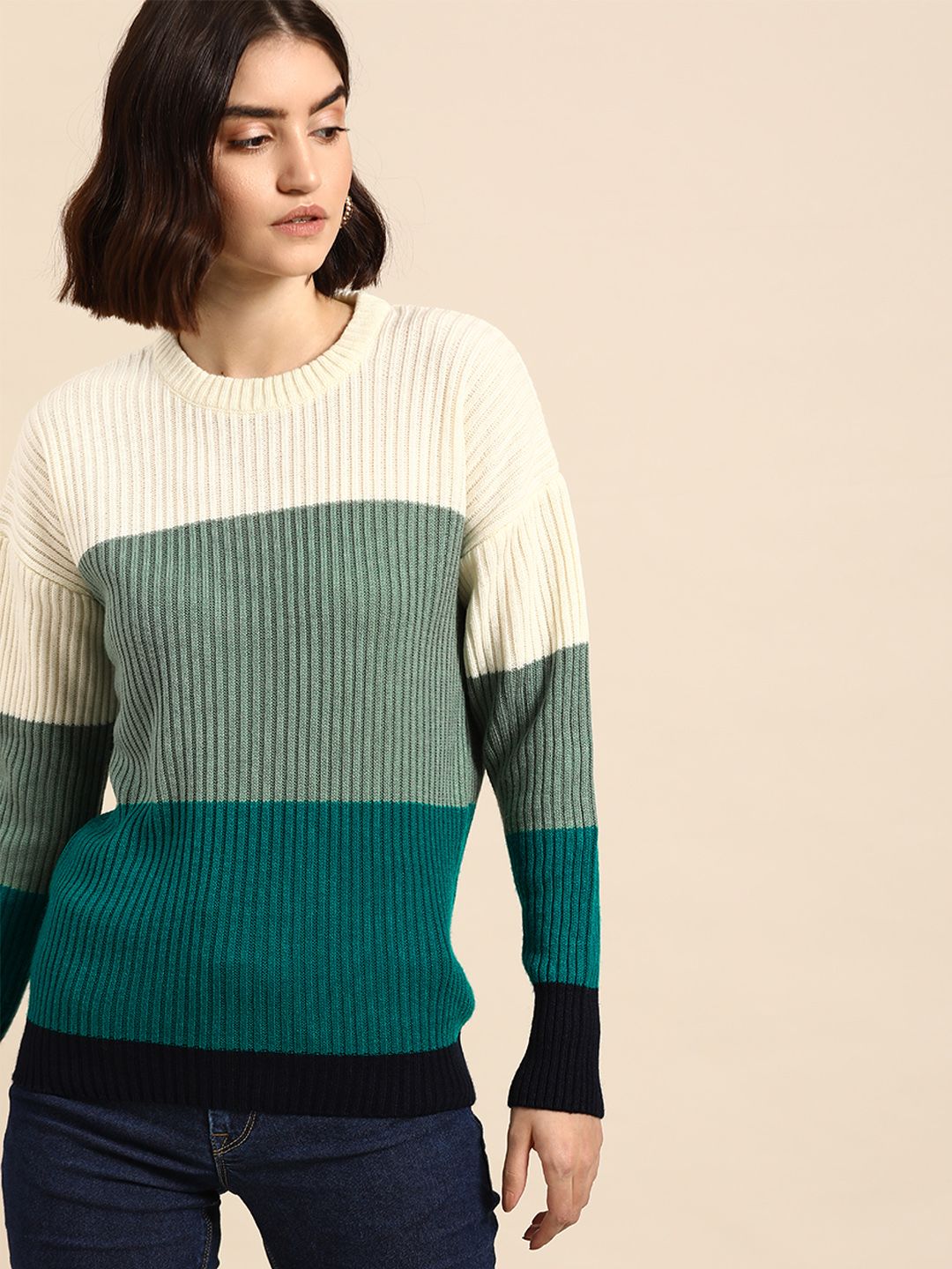 all about you Women Off White & Green Colourblocked Pullover Price in India