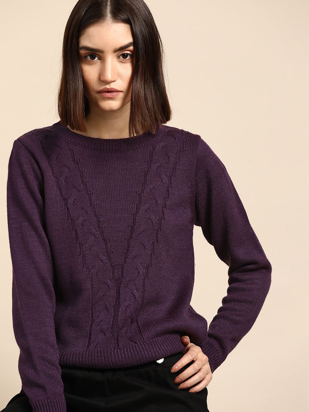 all about you Women Purple Cable Knit Pullover Price in India