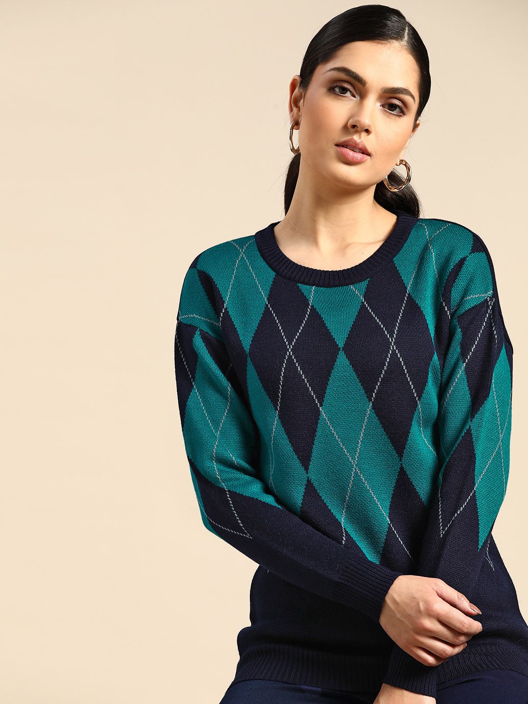 all about you Women Navy Blue & Teal Green Argyle Pullover Price in India