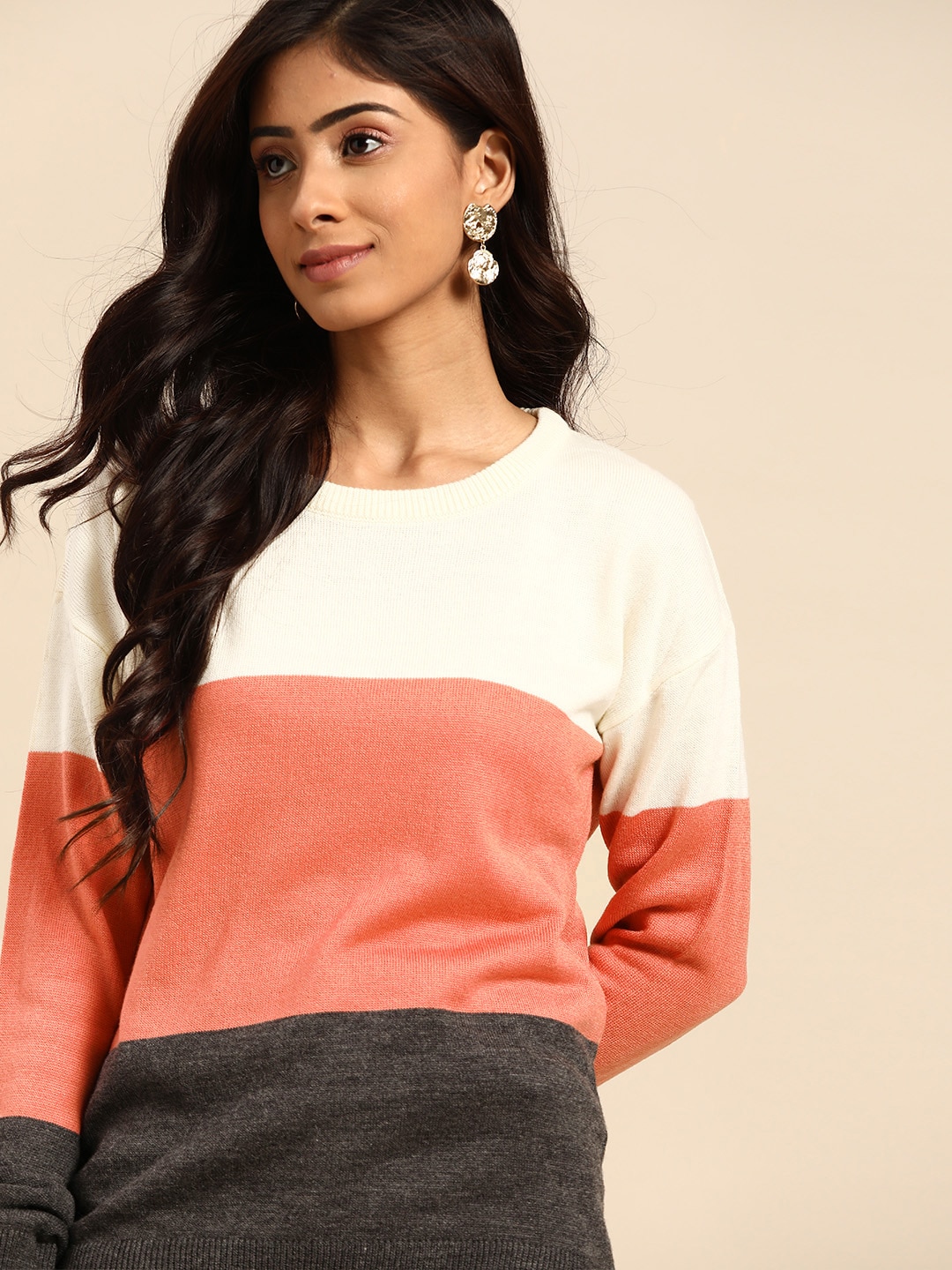 all about you Women White & Pink Colourblocked Pullover Price in India