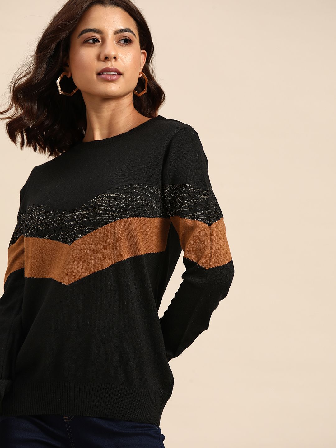 all about you Women Black & Brown Chevron Patterned Pullover Price in India