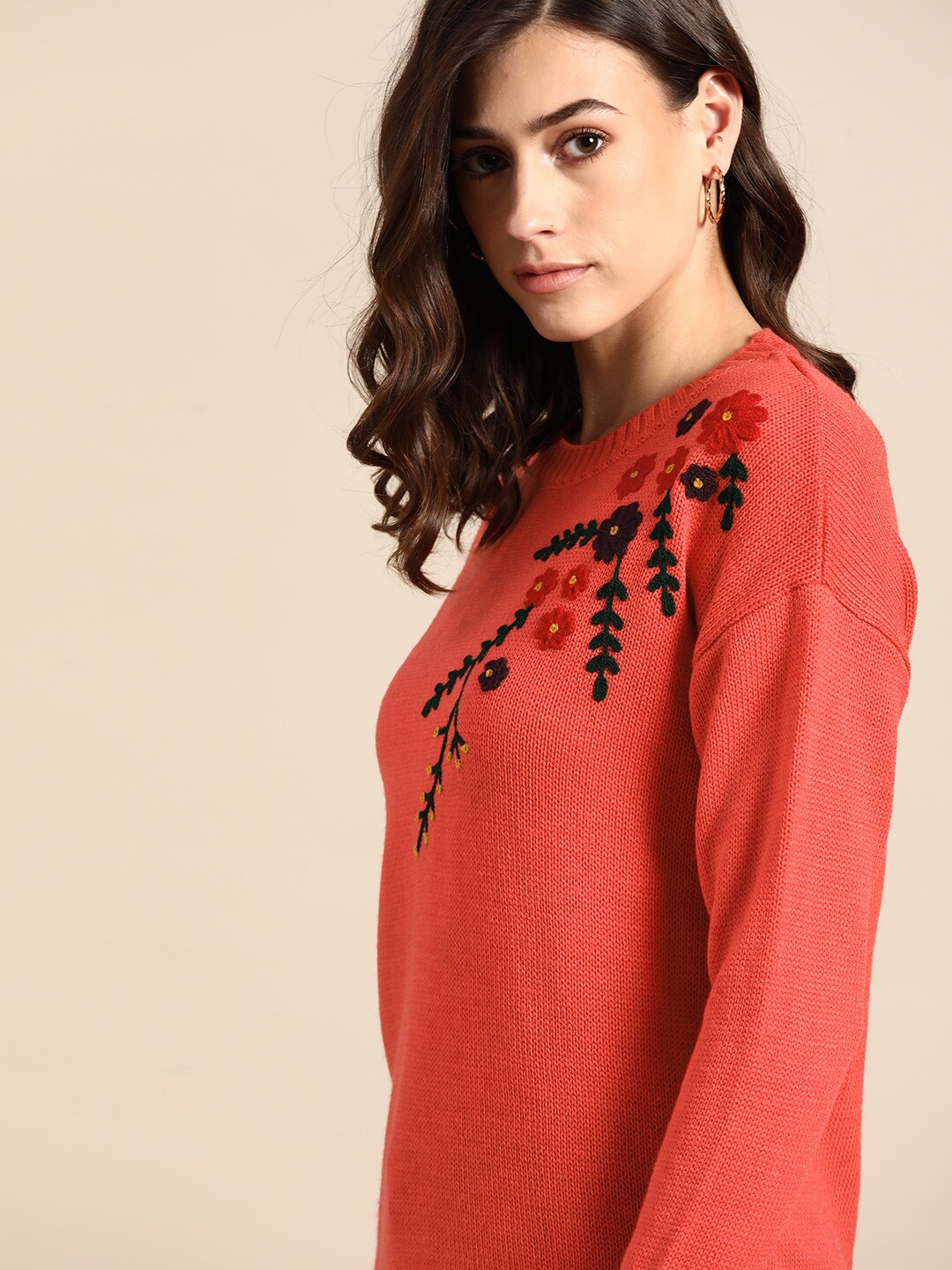 all about you Women Coral Floral Embroidered Pullover Price in India