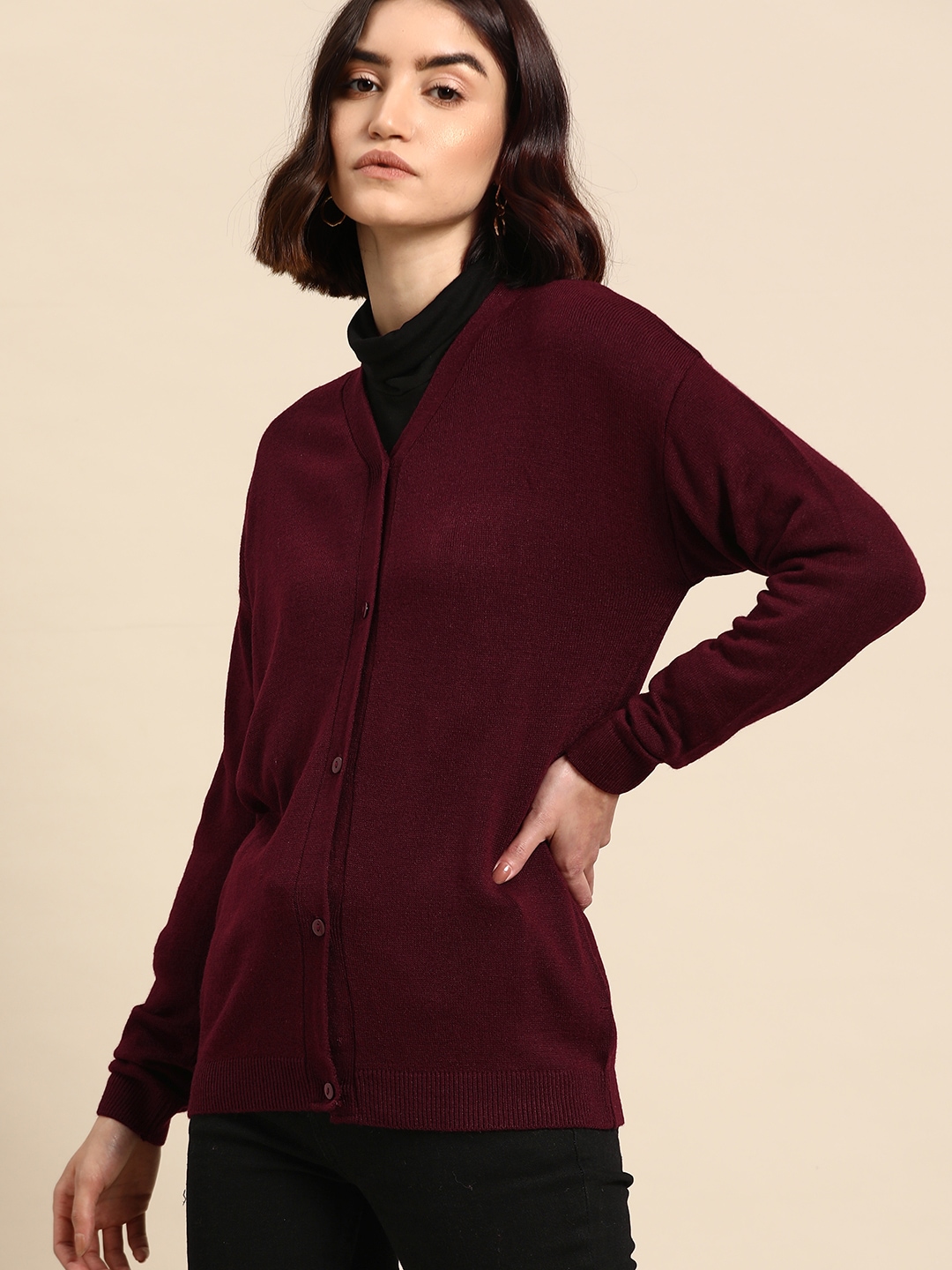 all about you Women Burgundy Solid Longline Cardigan Price in India