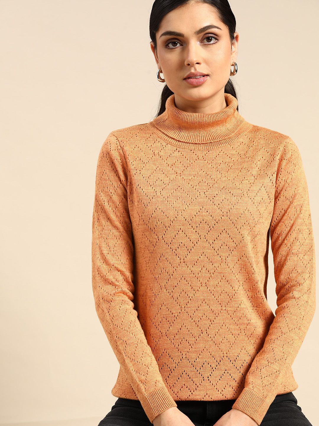 all about you Women Peach-Coloured Open-Knit Pullover Price in India