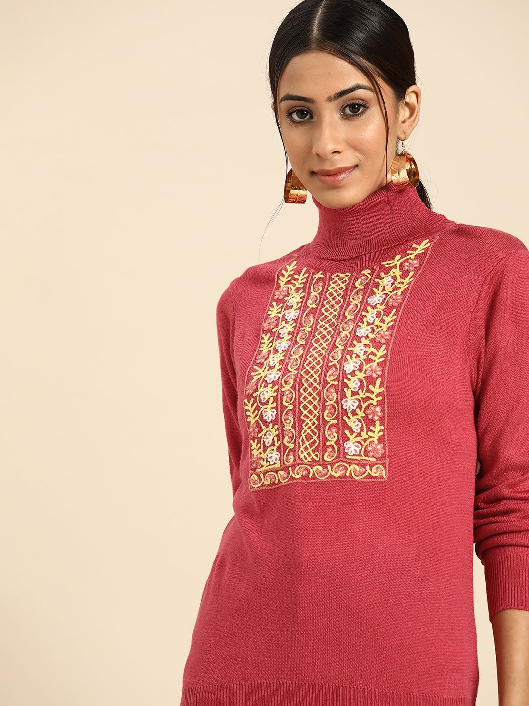 all about you Women Pink & Yellow Thread Work Pullover Price in India