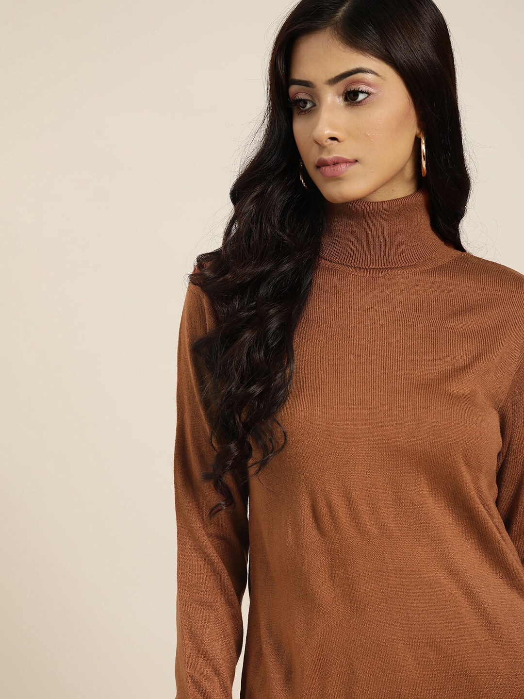 all about you Women Brown Solid Turtle Neck Pullover Sweater Price in India