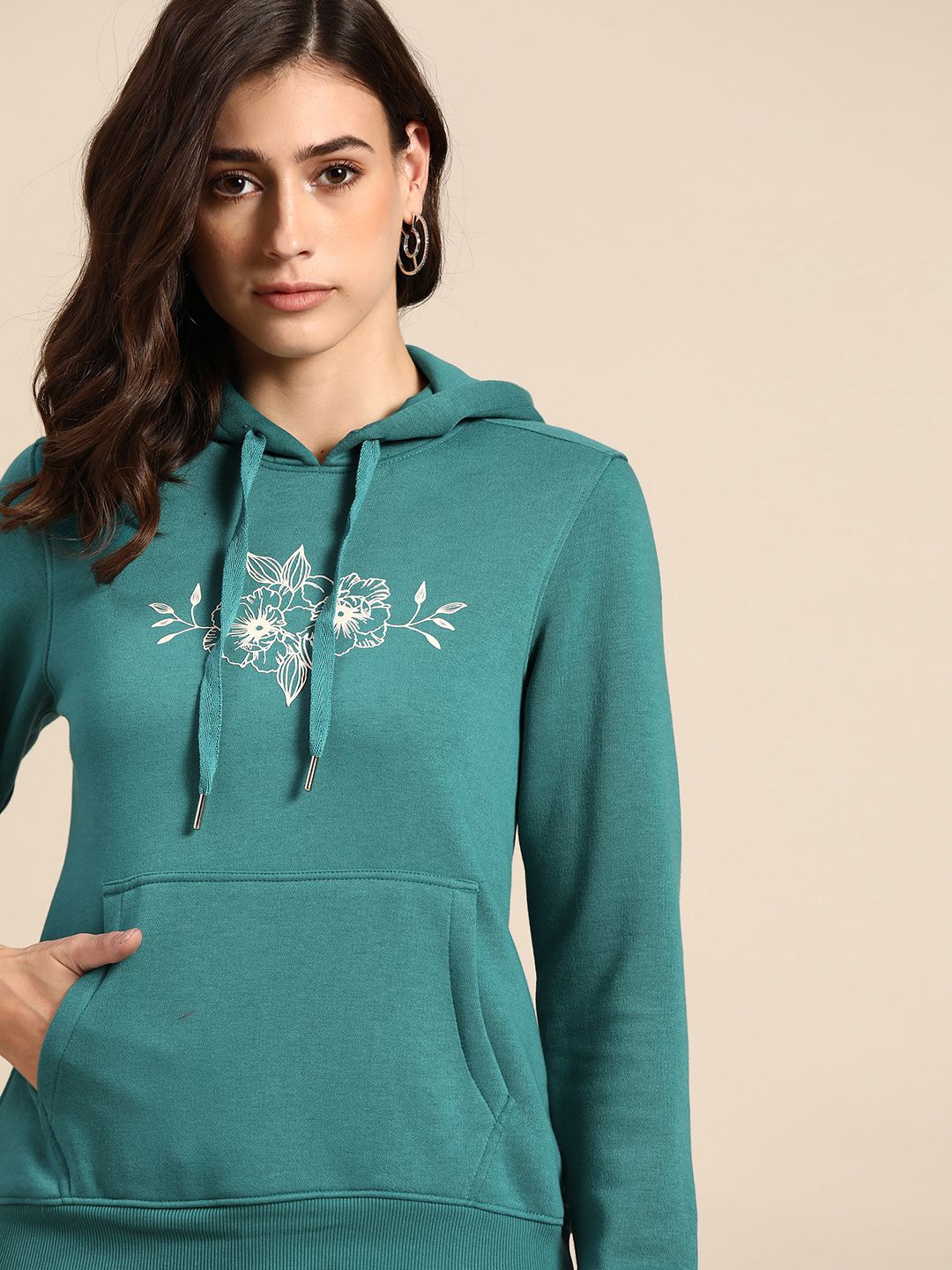 all about you Women Teal Blue Printed Hooded Sweatshirt Price in India