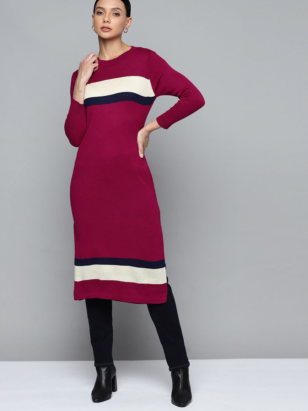 Chemistry Women Maroon & Blue Colourblocked Sweater Dress Price in India