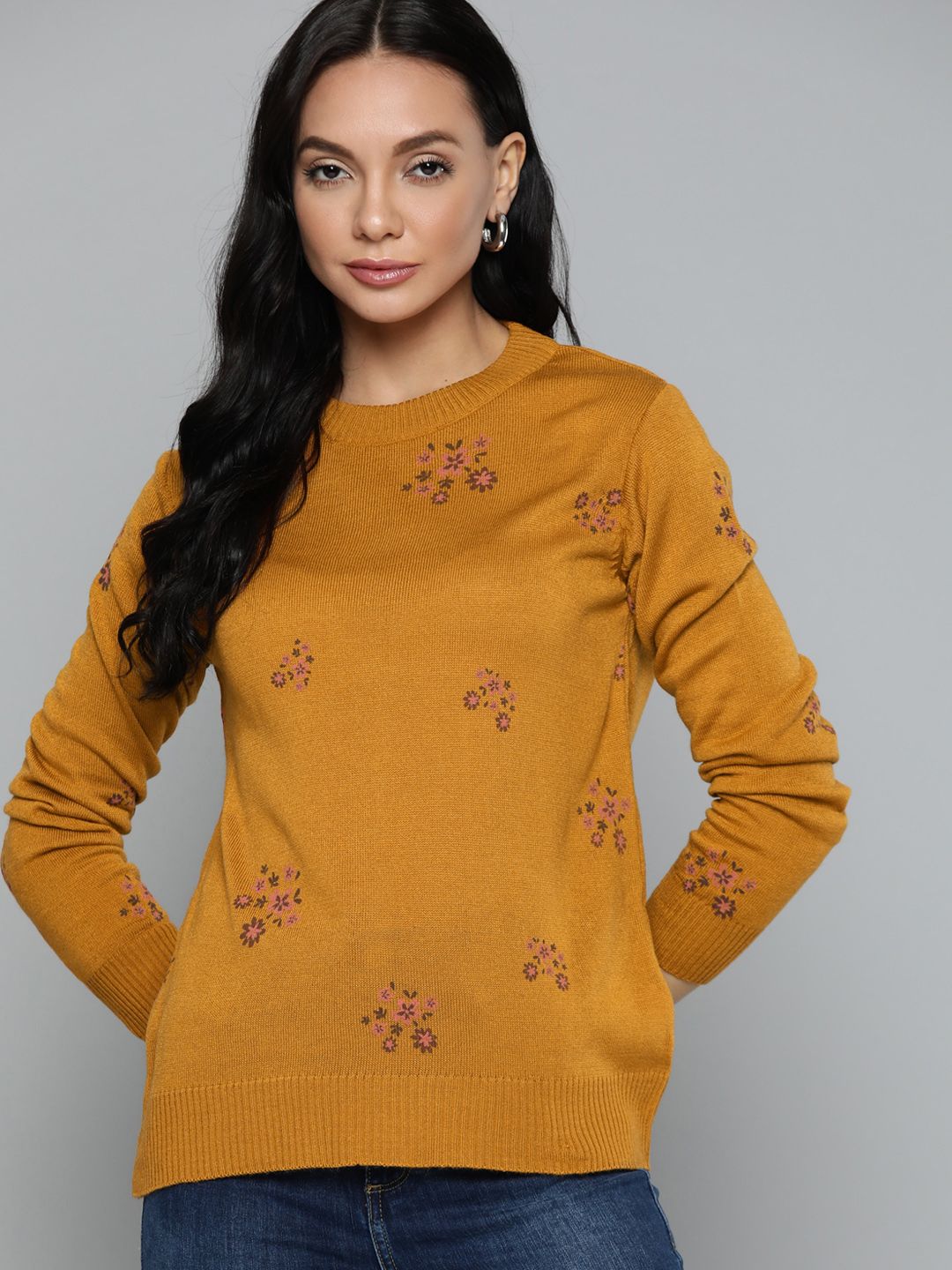 Chemistry Women Mustard Brown Floral Print Pullover Price in India