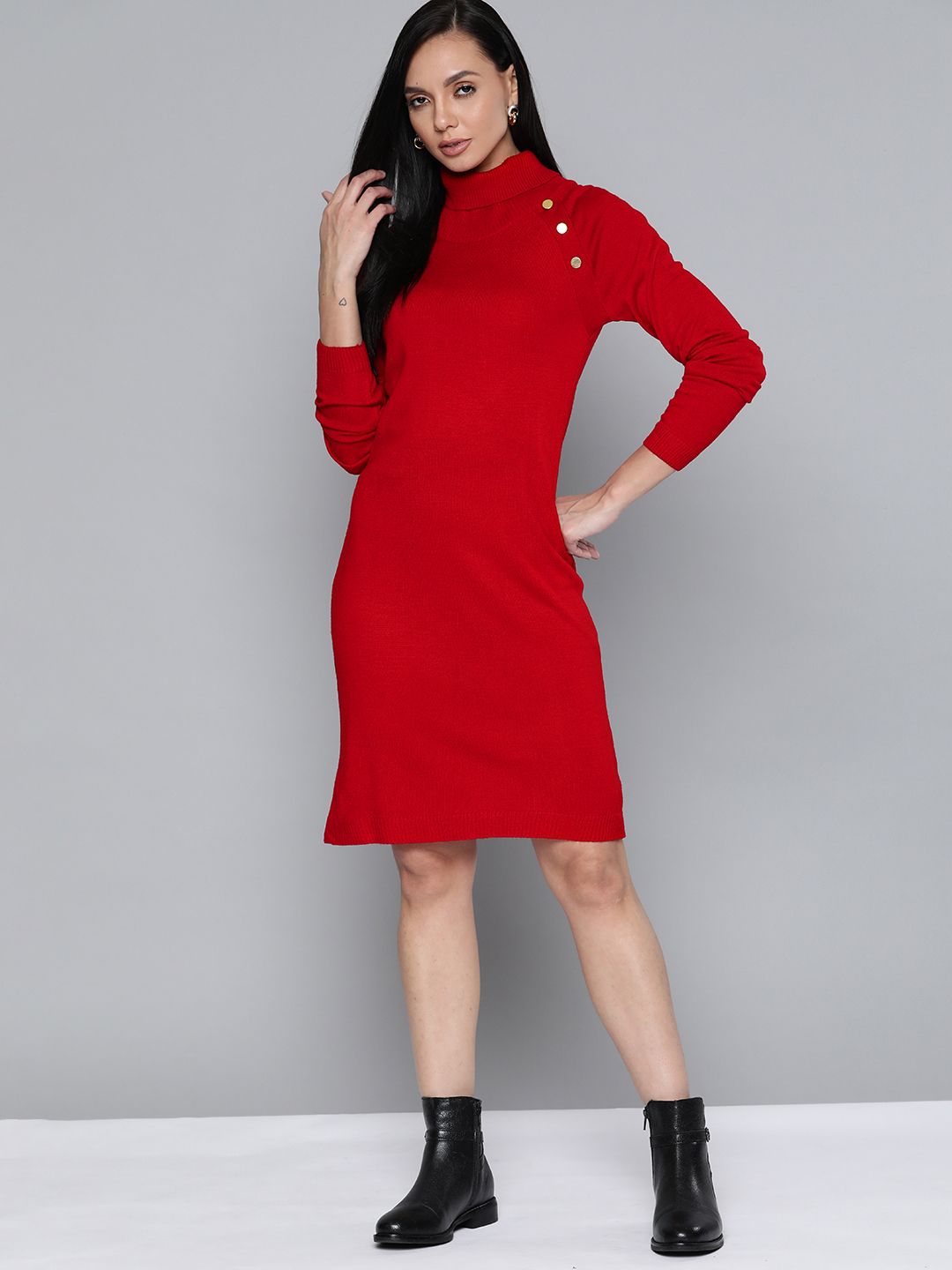Chemistry Red Solid High Neck Sweater Dress With Button Detail Price in India