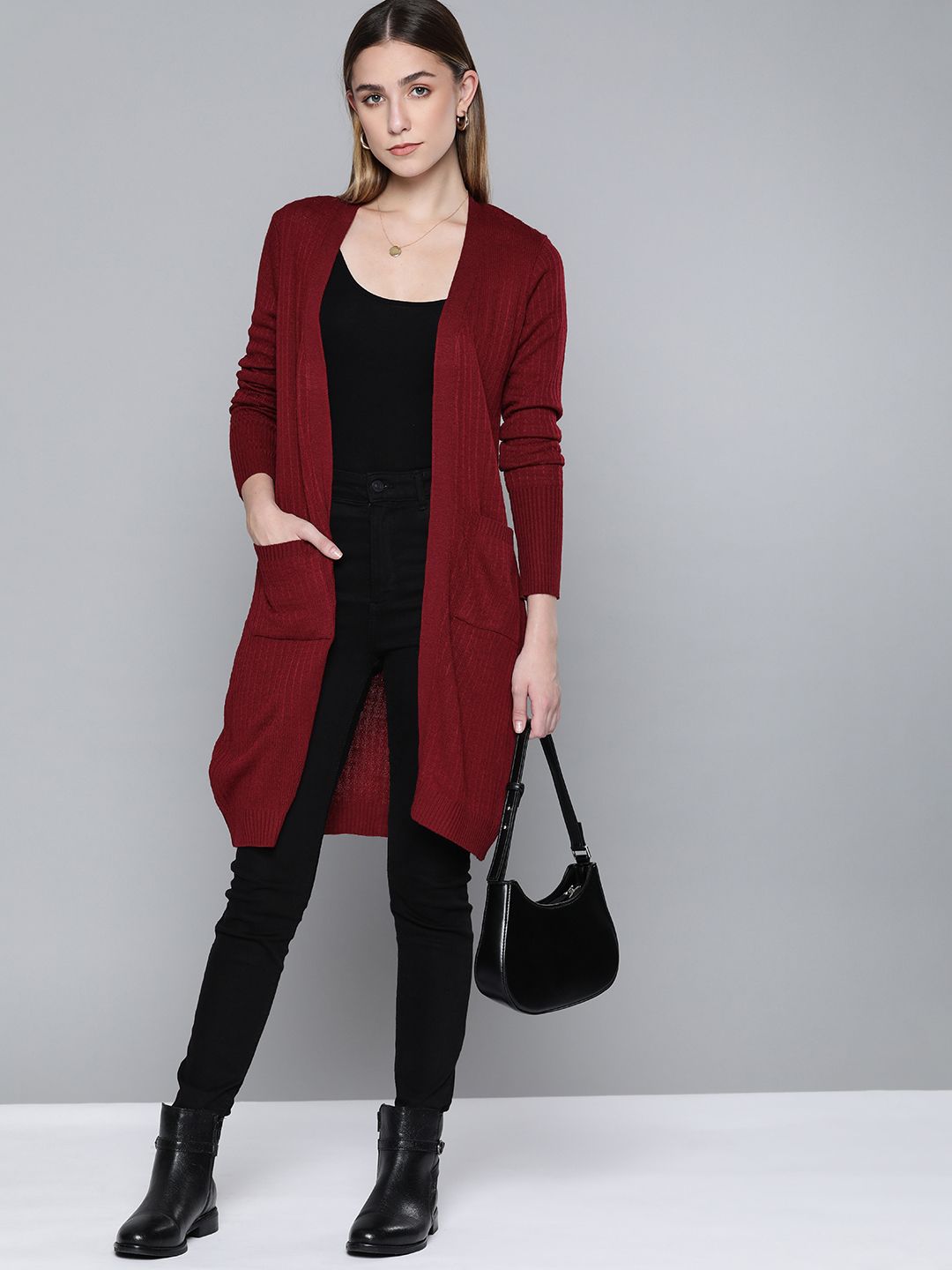 Chemistry Women Maroon Self-Striped Longline Front-Open Cardigan Price in India
