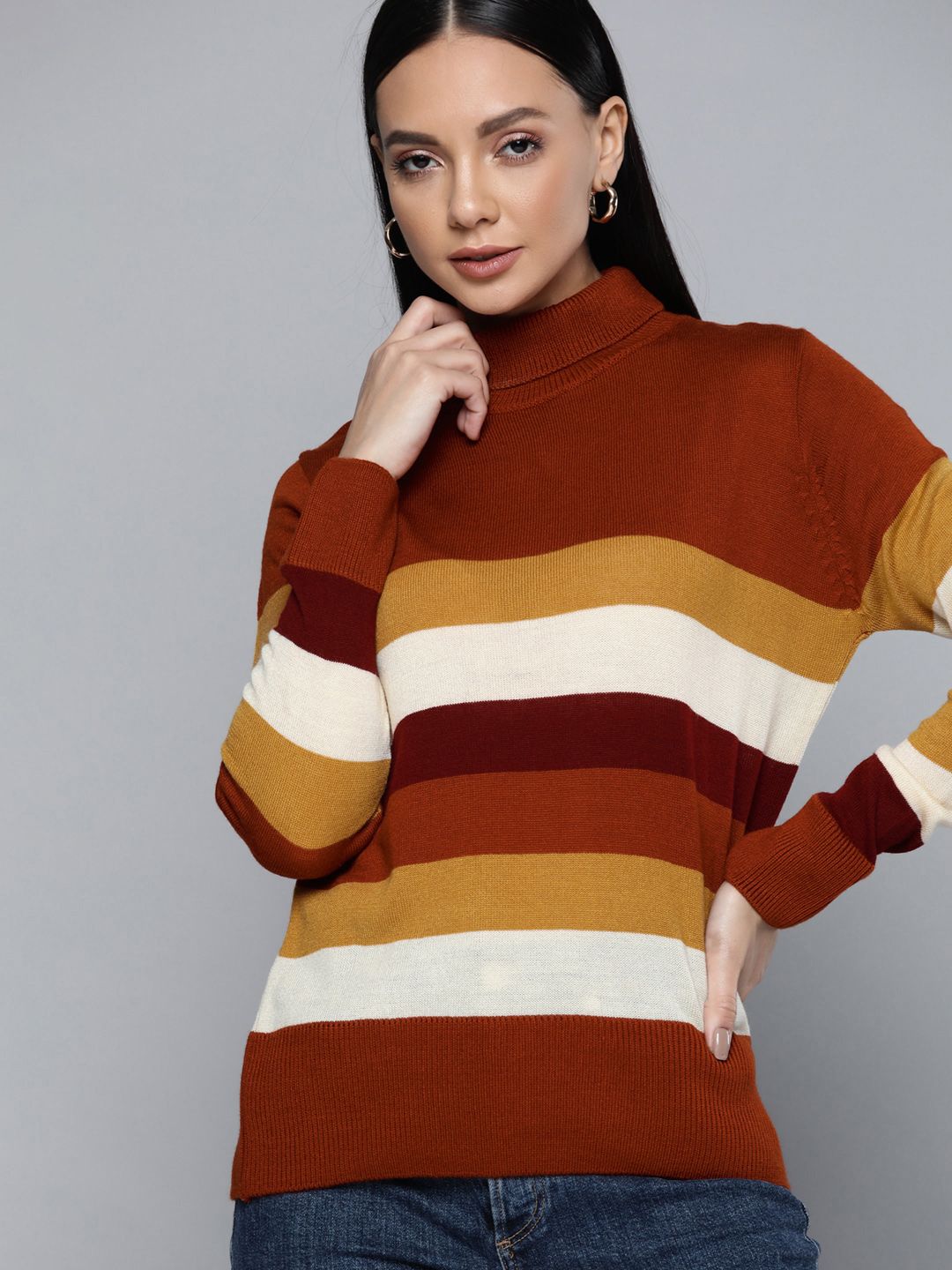 Chemistry Women Rust & Mustard Brown Striped Turtle Neck Pullover Price in India