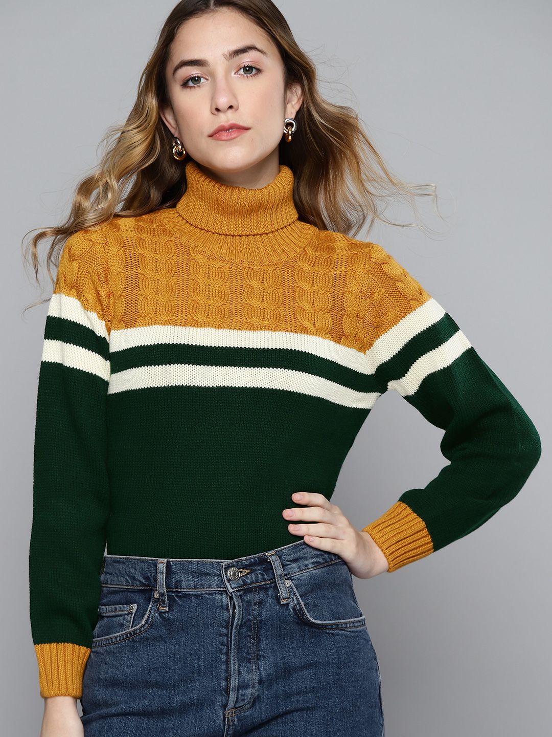 Chemistry Women Green & Mustard Yellow Colourblocked Pullover Price in India