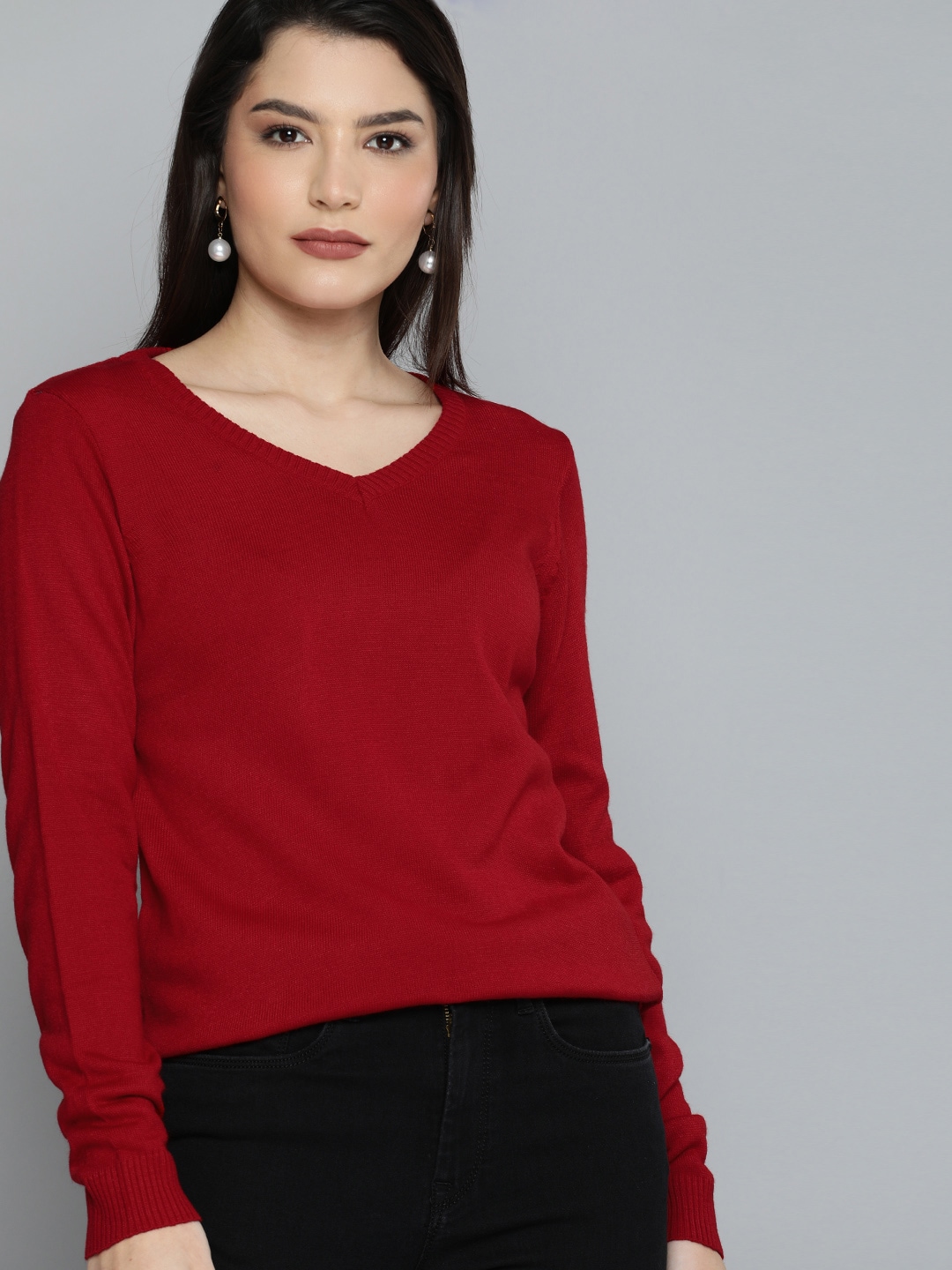 Chemistry Women Red V Neck Full Sleeved Pullover Sweater Price in India