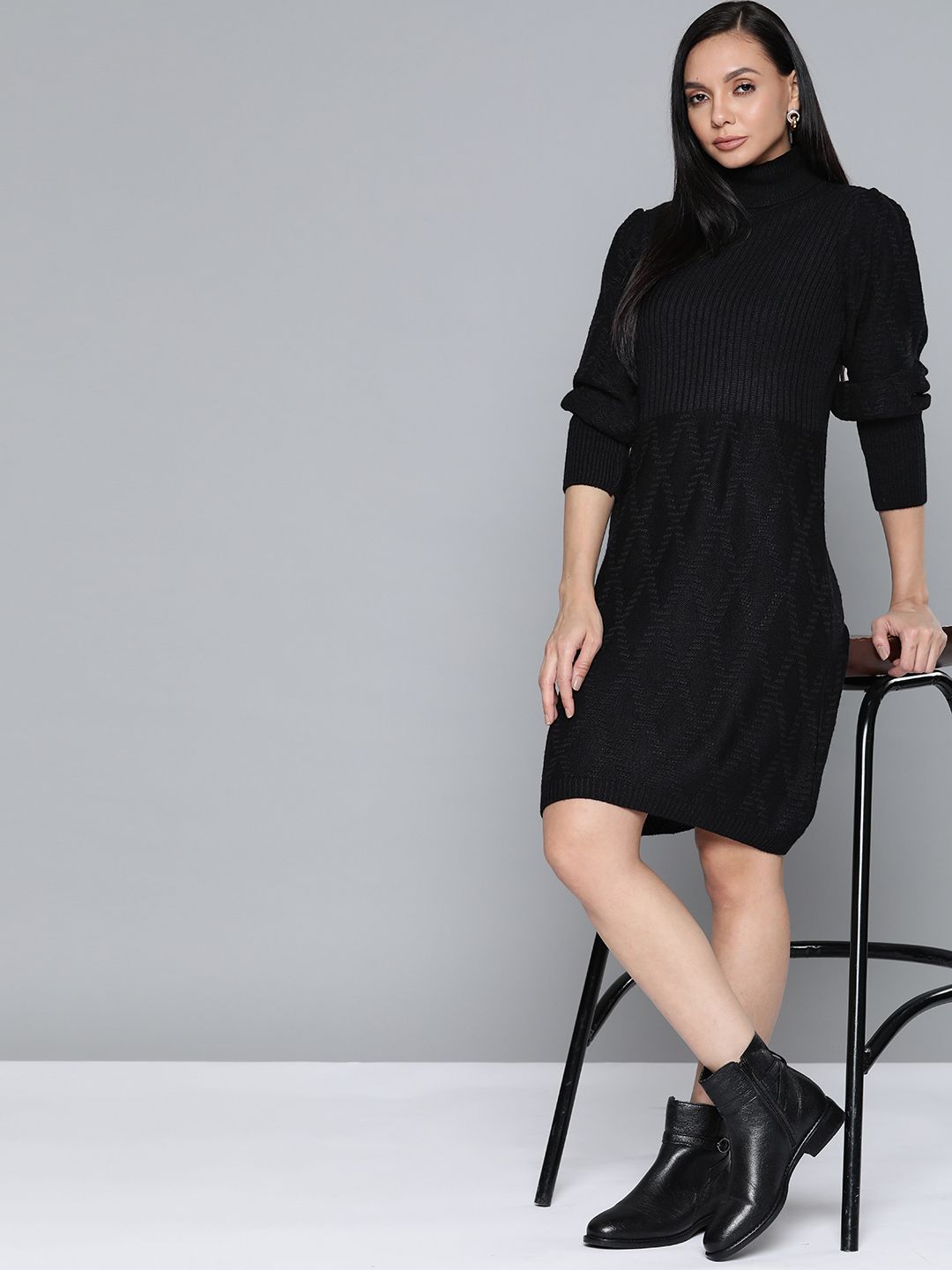 Chemistry Black Turtle Neck Ribbed Sweater Dress Price in India