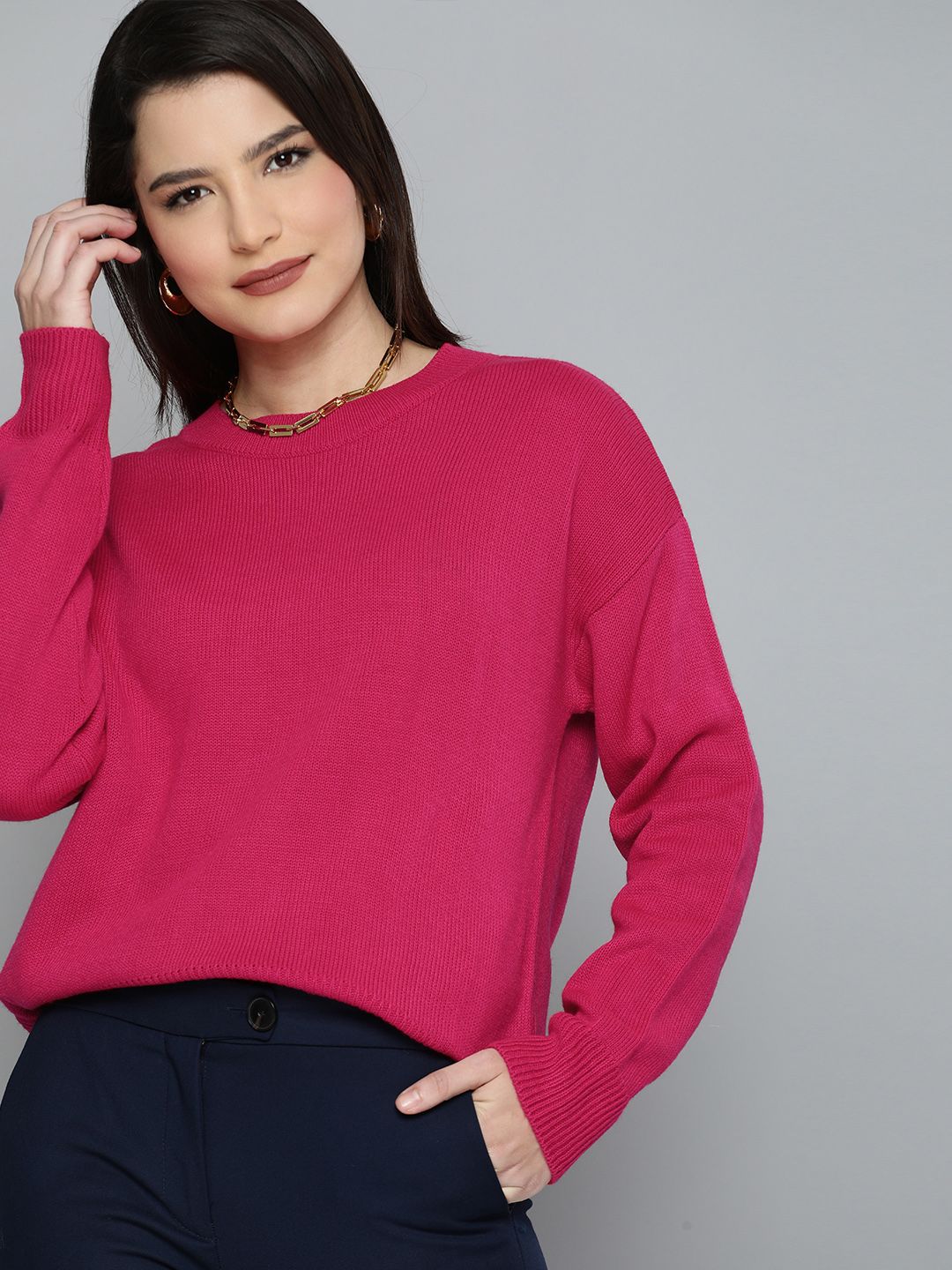 Chemistry Women Bright Pink Round Neck Full Sleeved Self Design Pullover Sweater Price in India