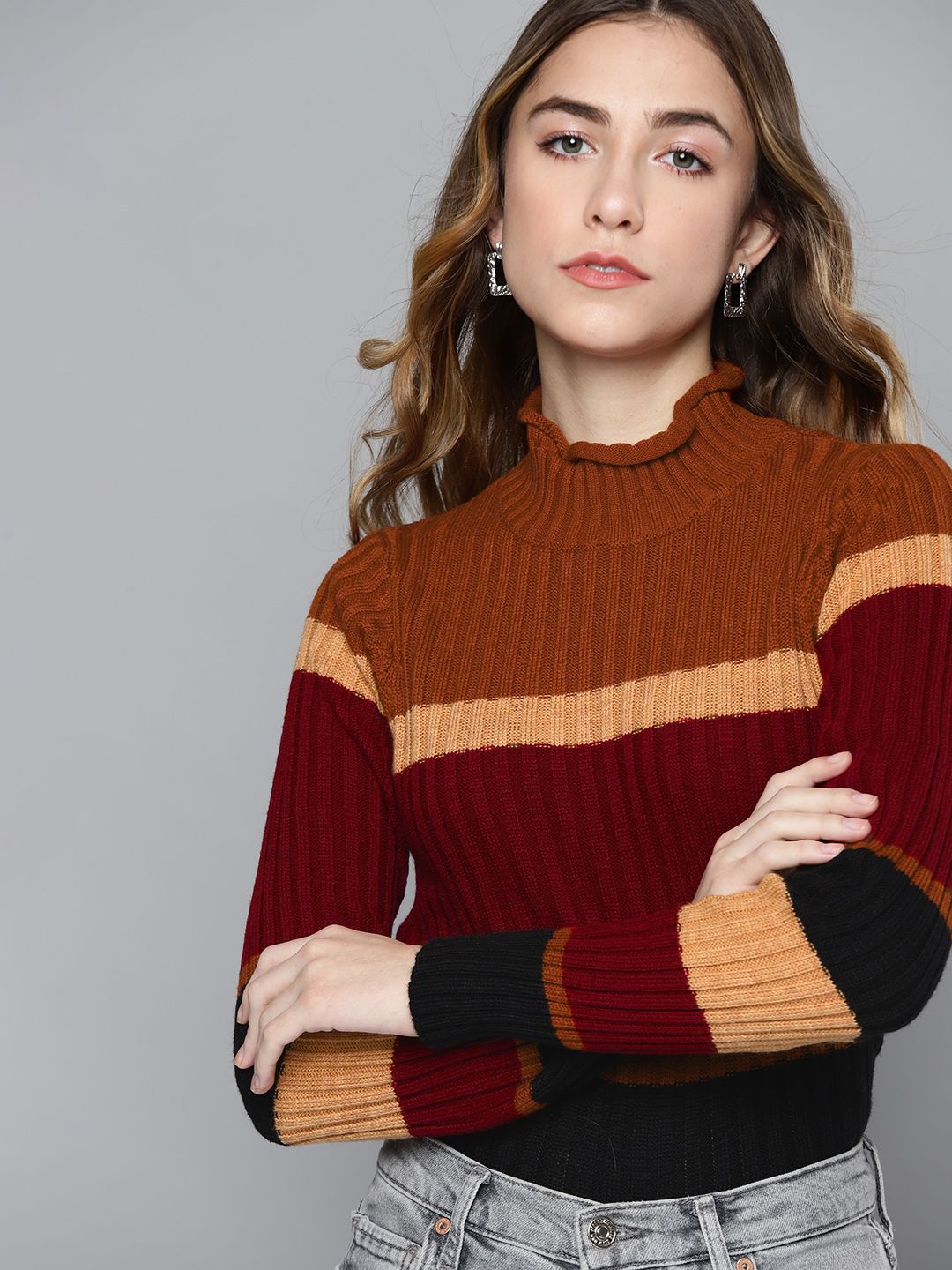Chemistry Women Maroon & Black Striped Pullover Price in India