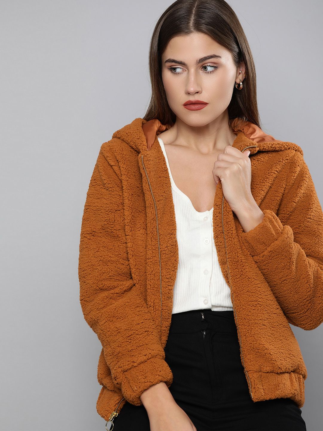 Chemistry Women Brown Solid Hooded Sherpa Jacket Price in India