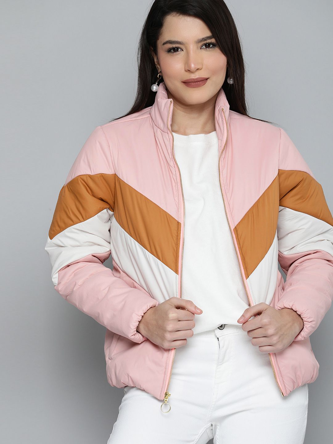 Chemistry Women Pink White Colourblocked Puffer Jacket Price in India