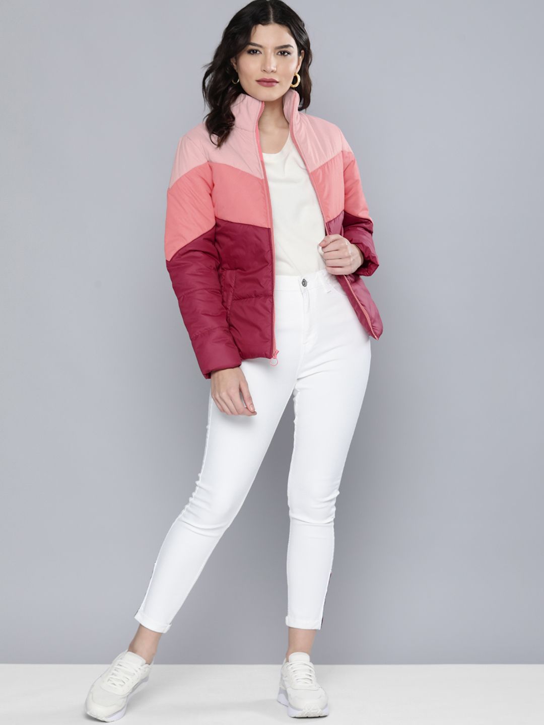 Chemistry Women Pink Colourblocked Mock-Collar Padded Jacket Price in India