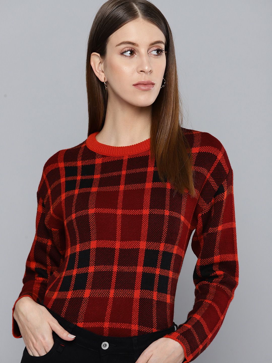 Chemistry Women Maroon & Black Checked Pullover Price in India