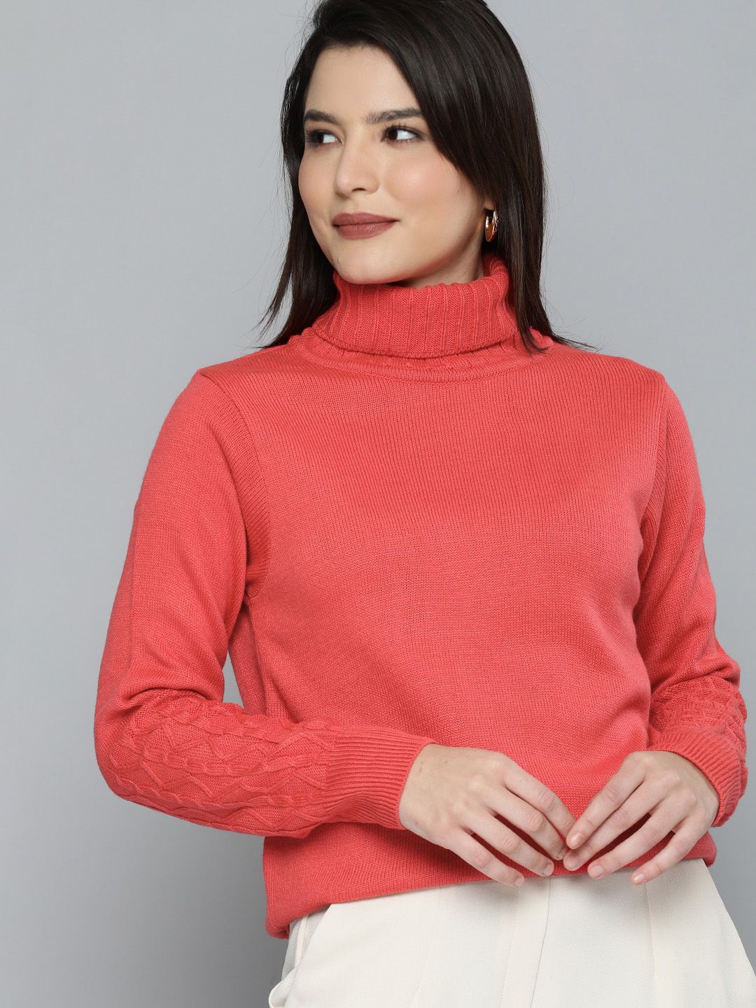 Chemistry Women Coral Turtle Neck Full Sleeve Self Designed Pullover Sweater Price in India